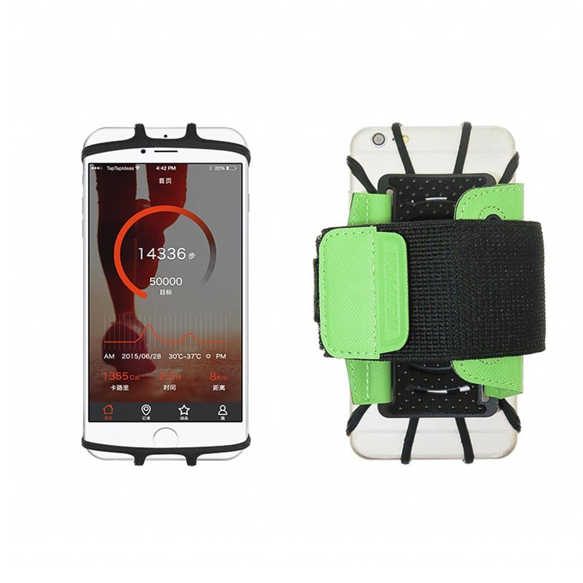 Telefon auf Weiß, zeigt Statistiken und ein grün-schwarzes Armband.