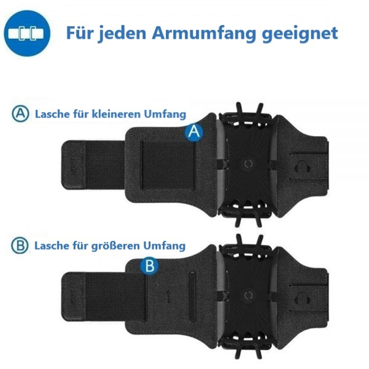 Schwarze Armbinde für ein Telefon, mit zwei Anpassungsoptionen für verschiedene Armgrößen.