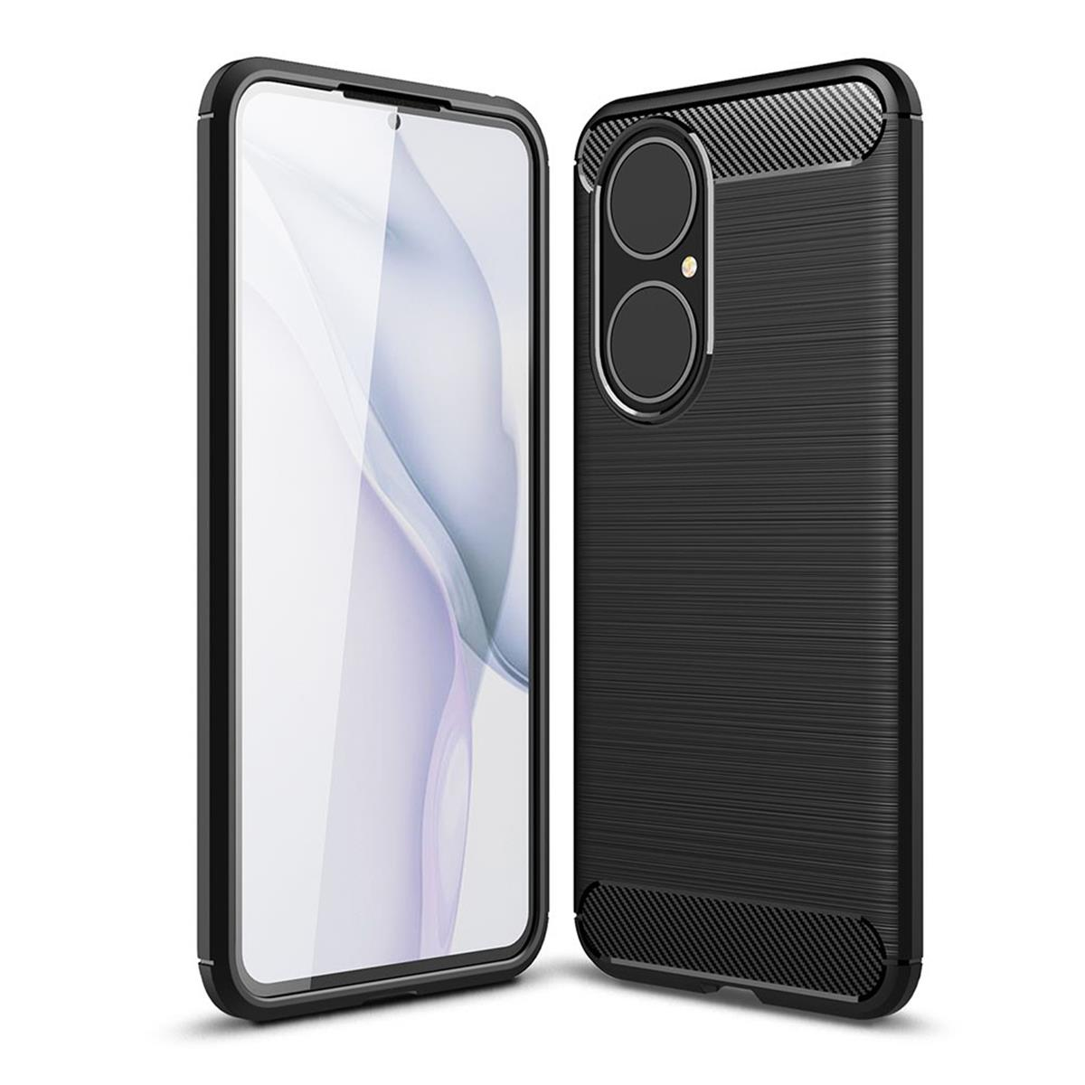 Ein schwarzes Telefon mit klarer Displayschutzfolie davor, vor weißem Hintergrund.