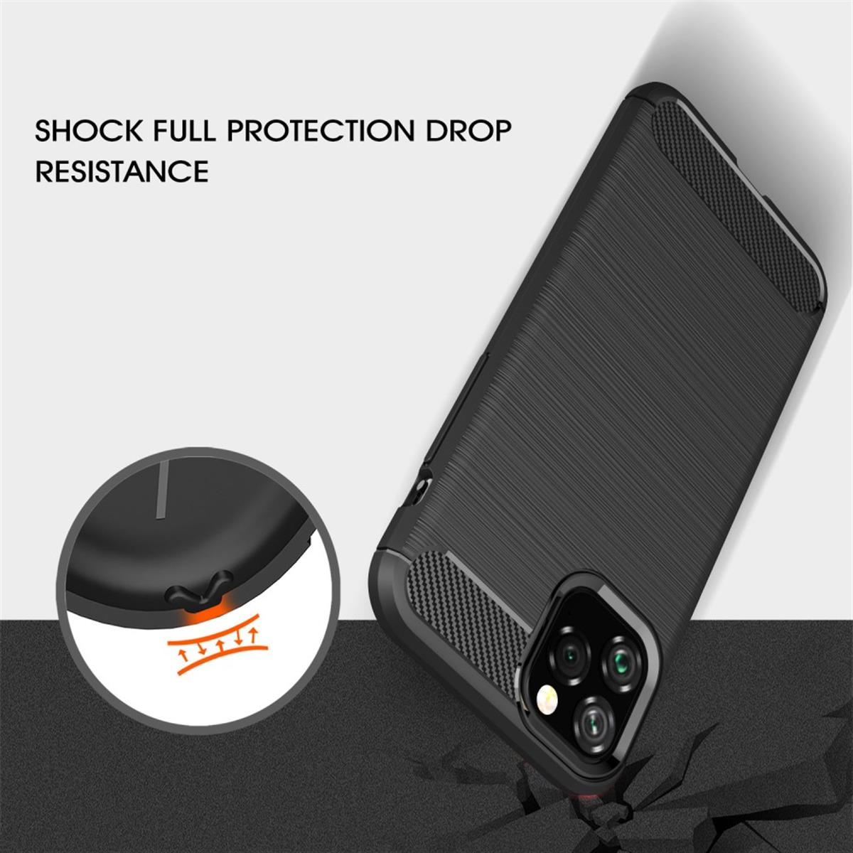 Eine schwarze Handyhülle mit strukturiertem Design, mit rutschfesten, Anti-Fingerabdruck- und Anti-Kratz-Symbolen.