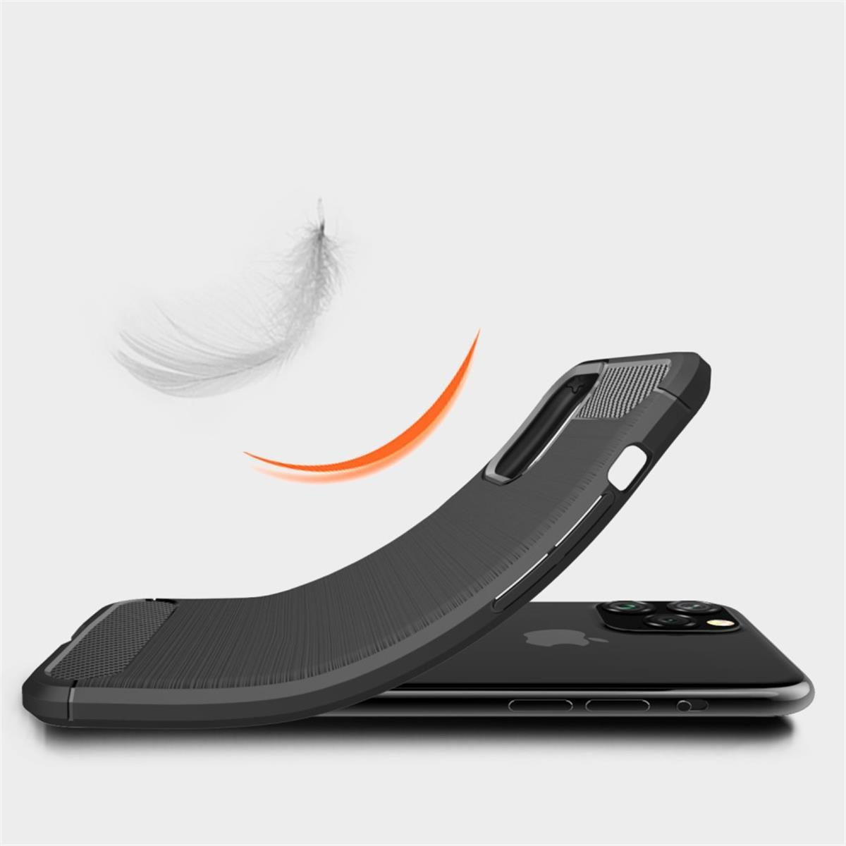Schwarze Handyhülle, gebogen, über einem Telefon. Oranger Bogen und Federgrafik auf weißem Hintergrund.