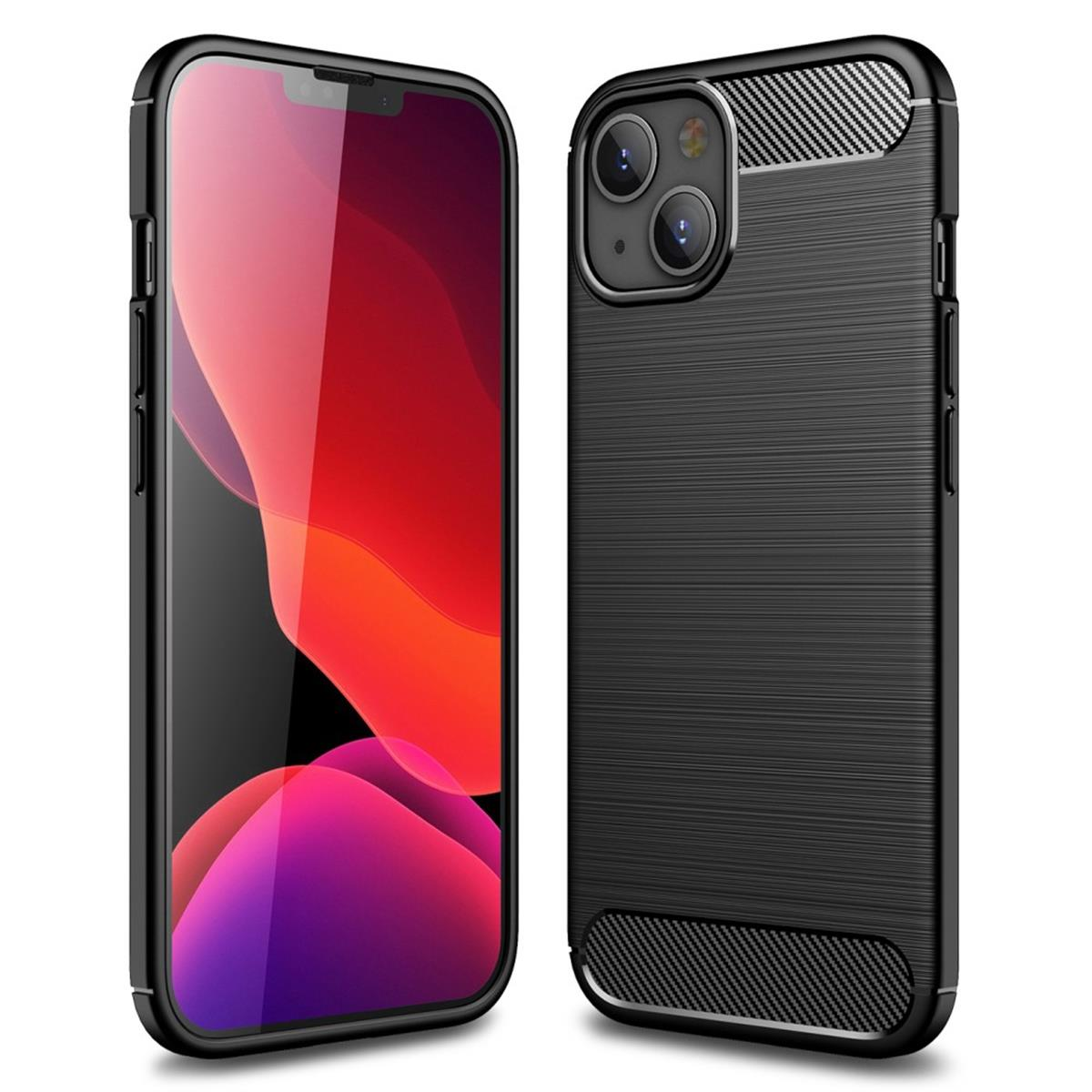 Schwarzes iPhone und Hülle. Strukturierte Seiten und Rückseite. Telefon links, Hülle rechts.