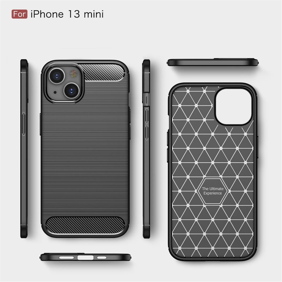 Ein Satz schwarzer Telefonhüllen für ein iPhone 13 mini, der verschiedene Winkel und Designs zeigt.