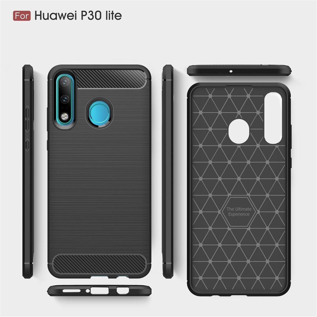 Schwarze Handyhülle mit Carbonfasermuster. Text: Für Huawei P30 lite.