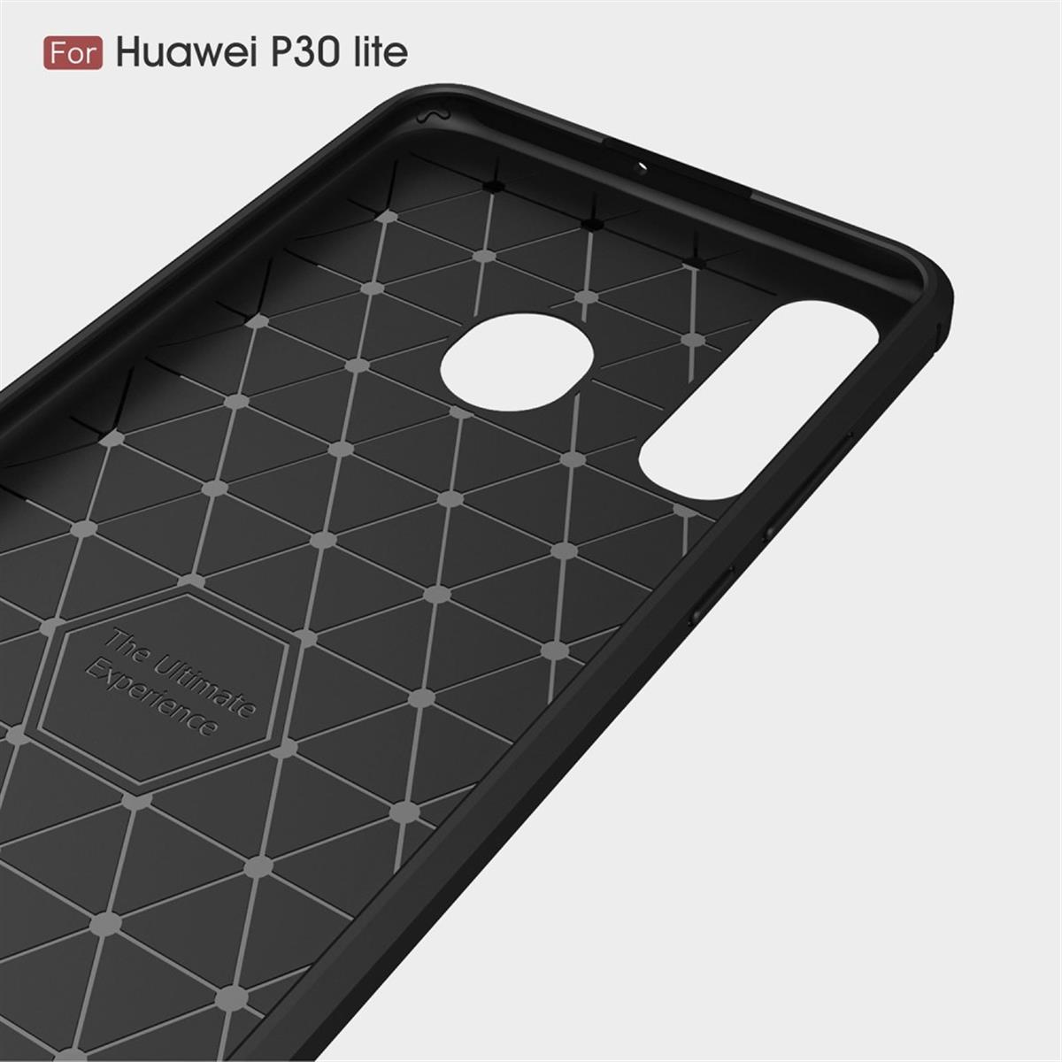 Schwarze Handyhülle mit geometrischem Design für Huawei P30 lite, auf weißem Hintergrund.