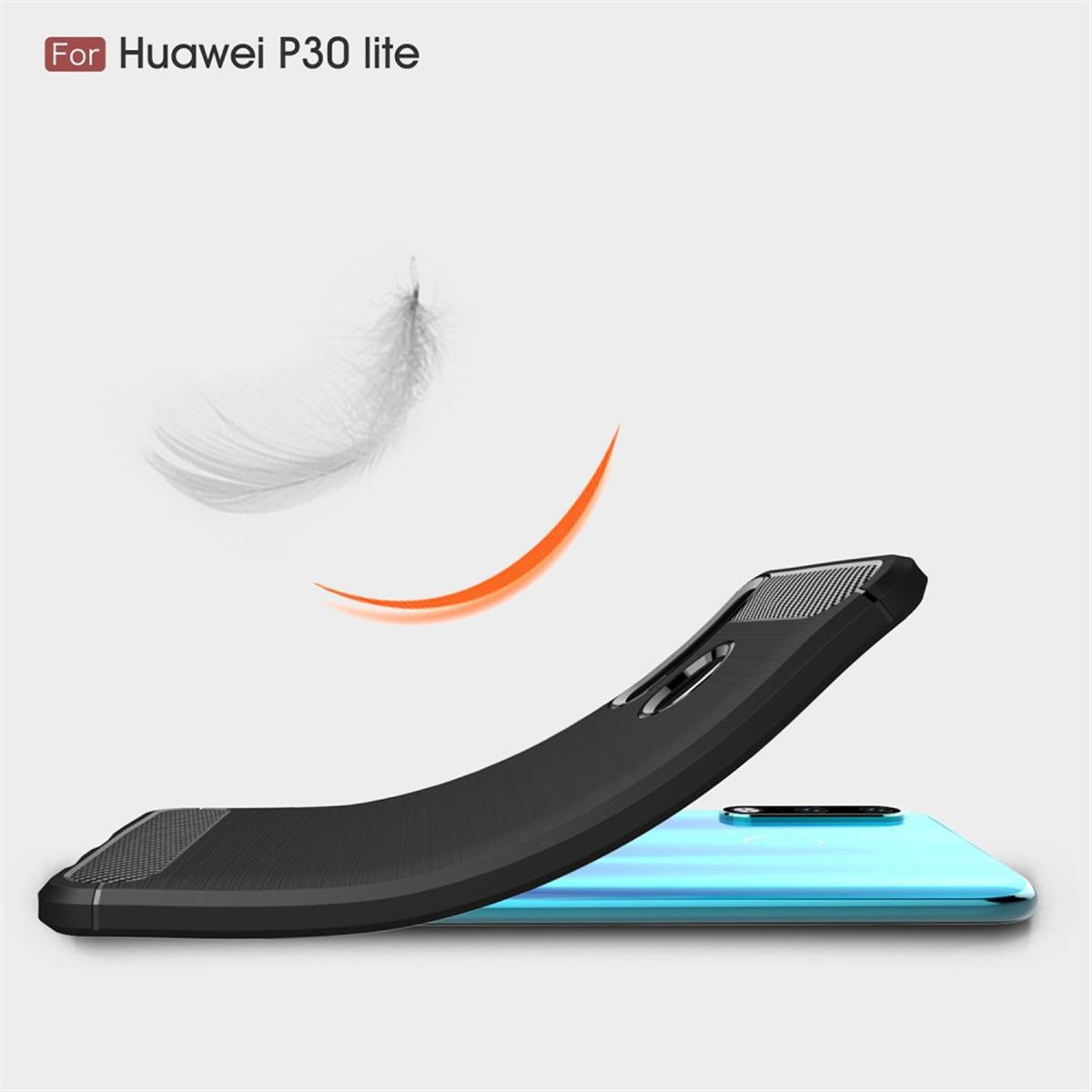 Schwarze Handyhülle für Huawei P30 lite. Eine orange Linie über einem Telefon mit Feder im Hintergrund.