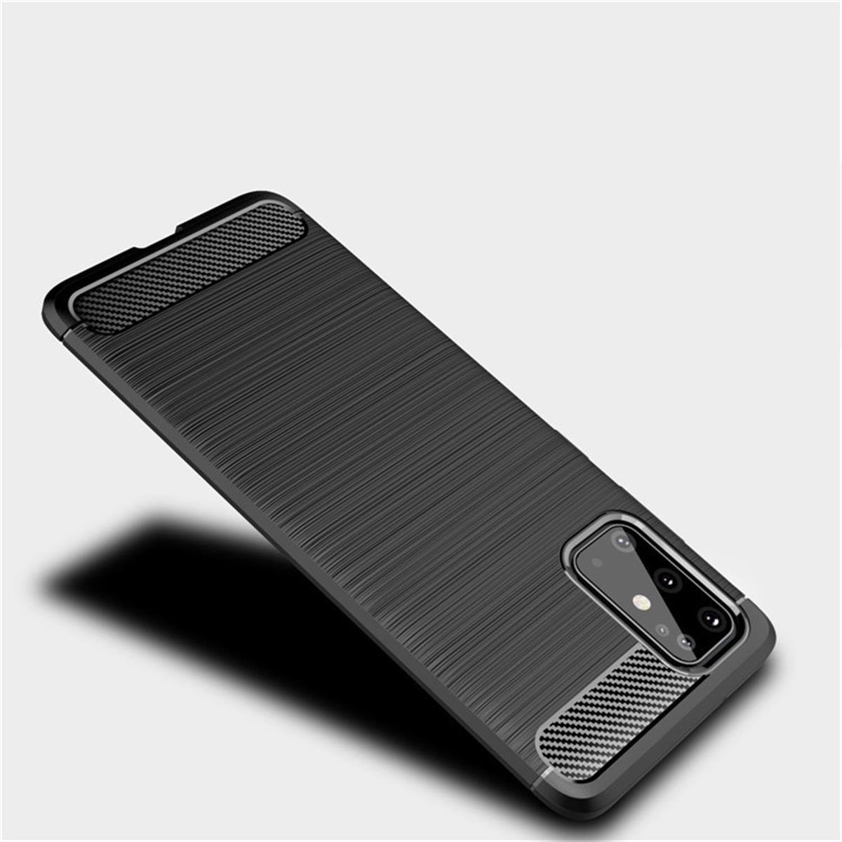 Schwarze Handyhülle mit Karbonfaser-Design auf weißem Hintergrund. Die Hülle ist abgewinkelt.