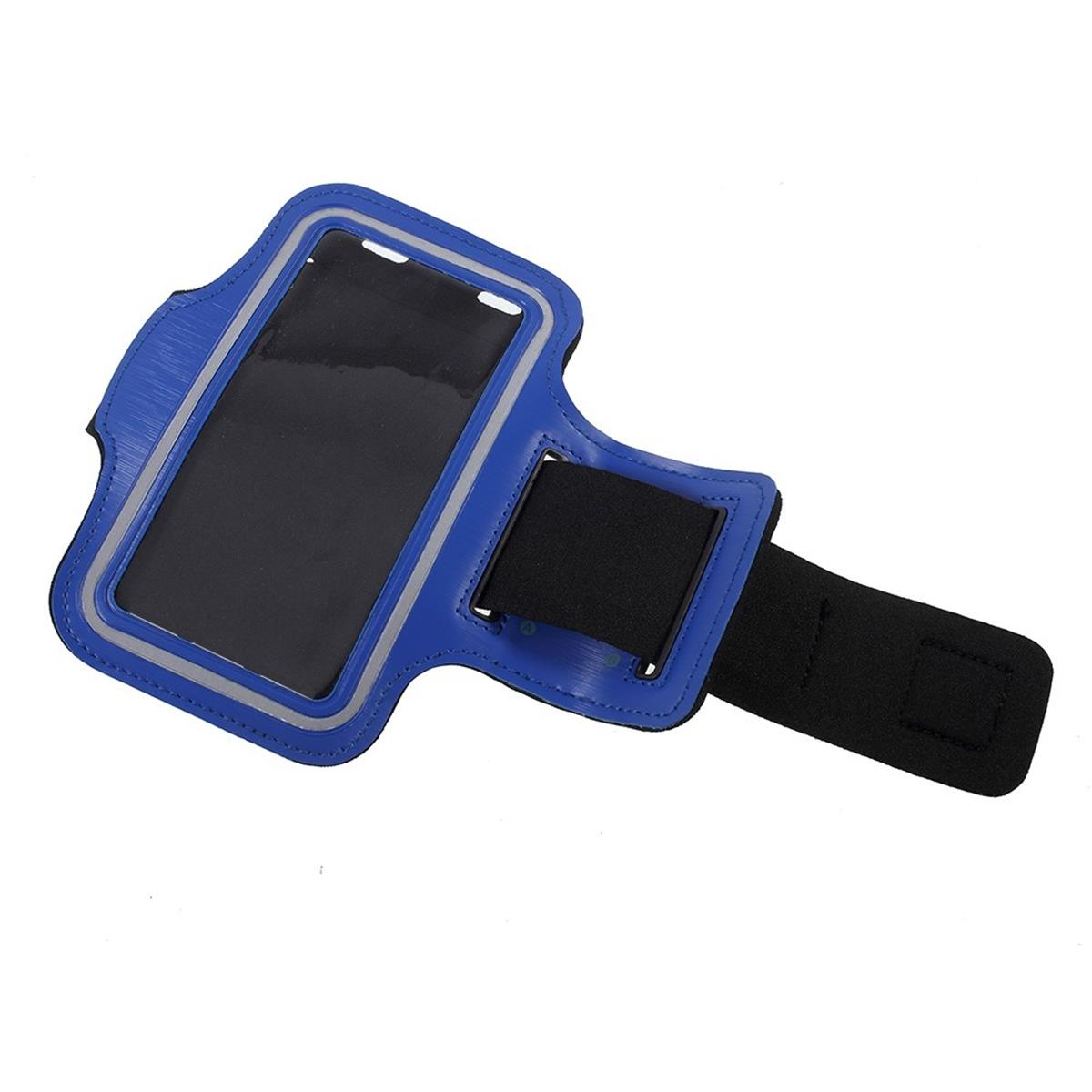 Blau-schwarzes Armband mit einer Telefonhalterung. Der Bildschirm des Telefons ist sichtbar.