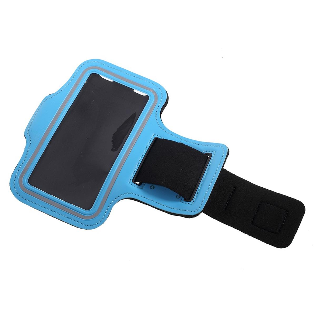 Blaues und schwarzes Telefon-Armband. Hat eine transparente Plastikhülle und einen schwarzen Riemen.