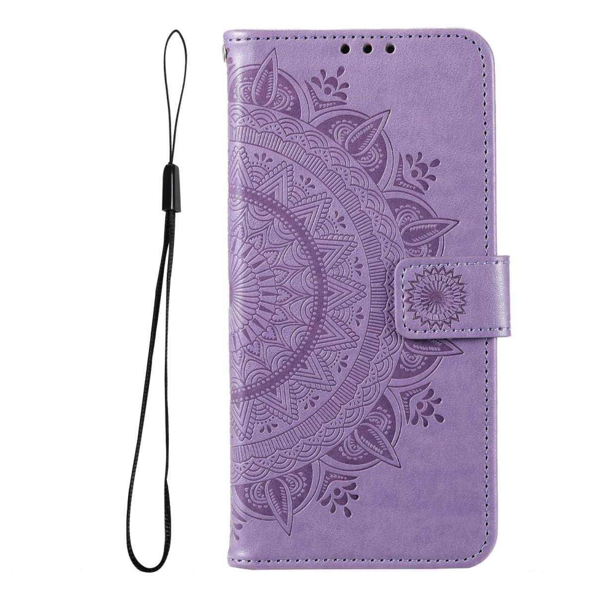 Lila Handyhülle mit Mandala-Design und Riemen. Weißer Hintergrund.