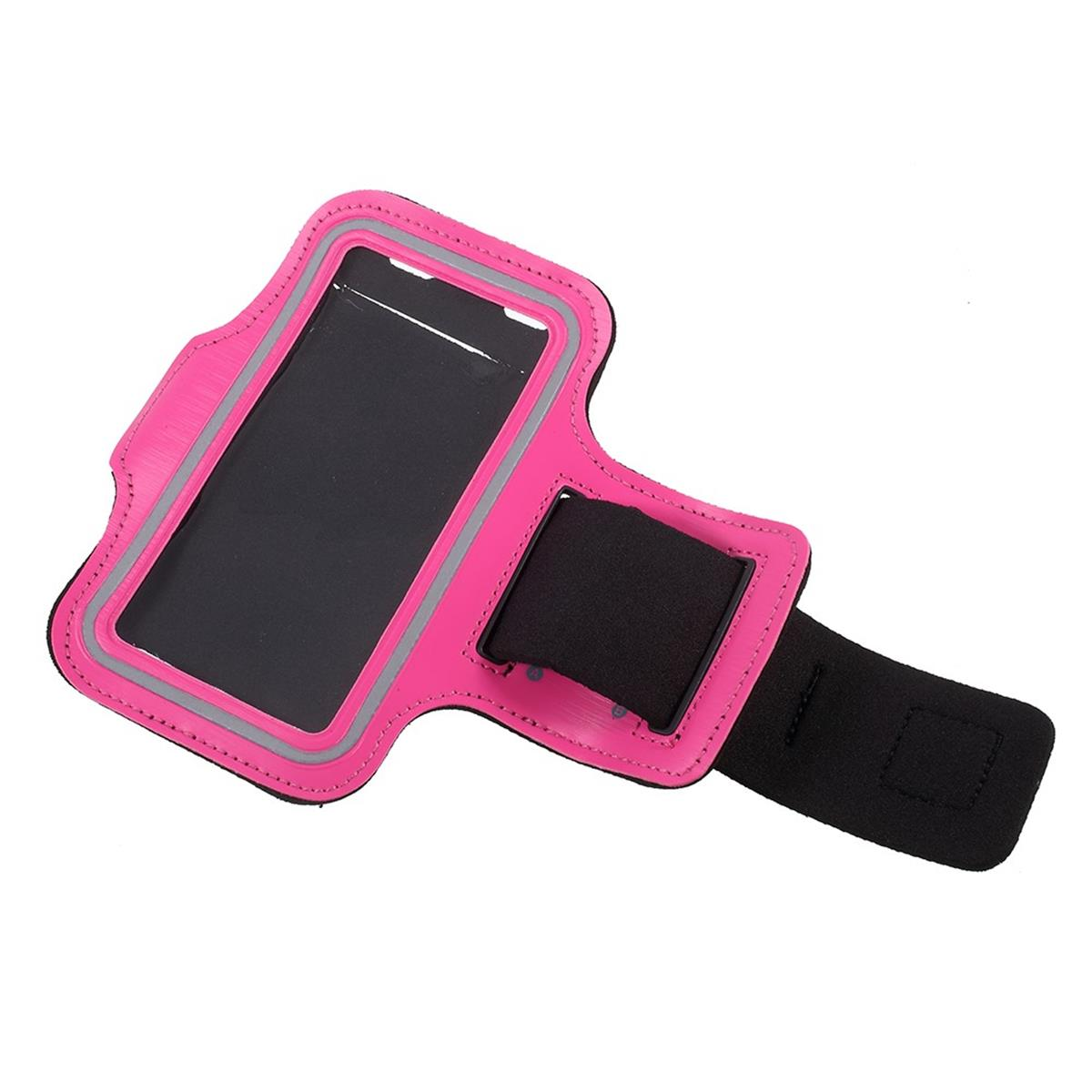 Pinkfarbenes Armband für ein Telefon mit transparentem Fenster. Es hat einen schwarzen Riemen und eine Schnalle.