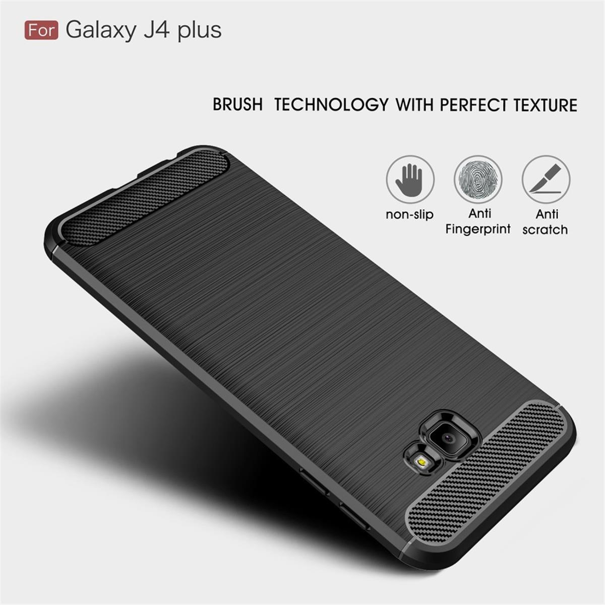 Eine schwarze Handyhülle für ein Galaxy J4 plus. Gebürstete Textur und Design mit Kameraausschnitt.