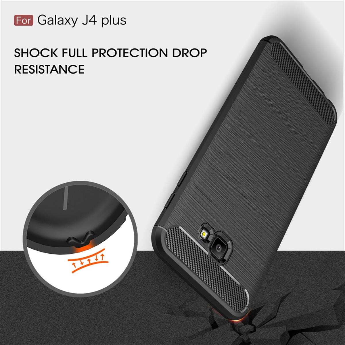 Eine schwarze Handyhülle ist abgewinkelt. Text lautet "Für Galaxy J4 plus" und "Stoßfester Schutz, Fallfestigkeit".