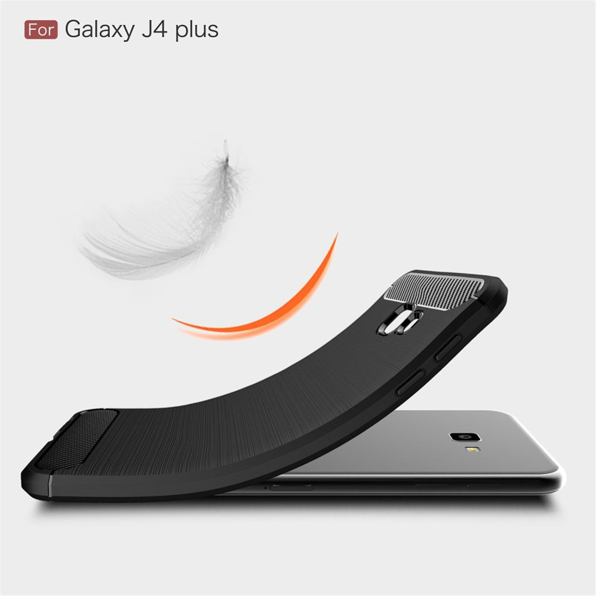 Schwarze Handyhülle mit Text für Galaxy J4 plus, mit Federgrafik und einem bogenförmigen Detail.
