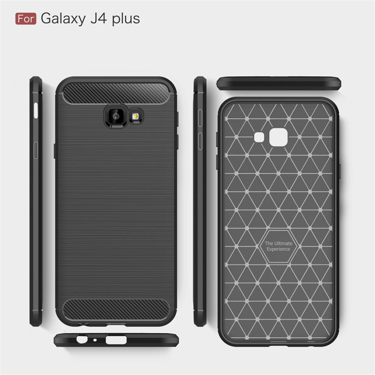 Eine schwarze Handyhülle für Galaxy J4 plus. Sie wird aus verschiedenen Winkeln gezeigt.