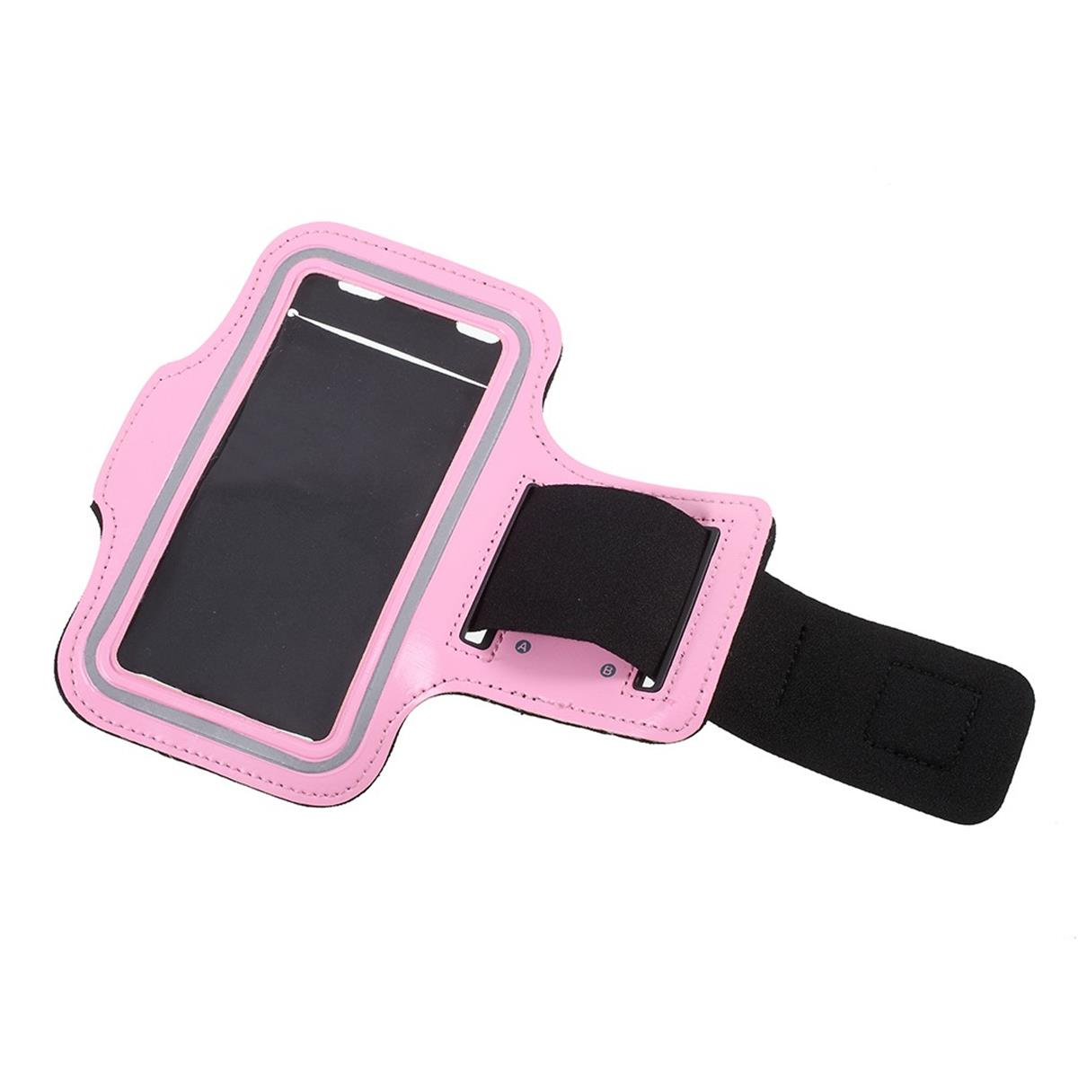 Rosa Telefonarmband mit transparentem Feld für Telefon und schwarzem Riemen. Ein schwarzes Band mit kleinem Loch.