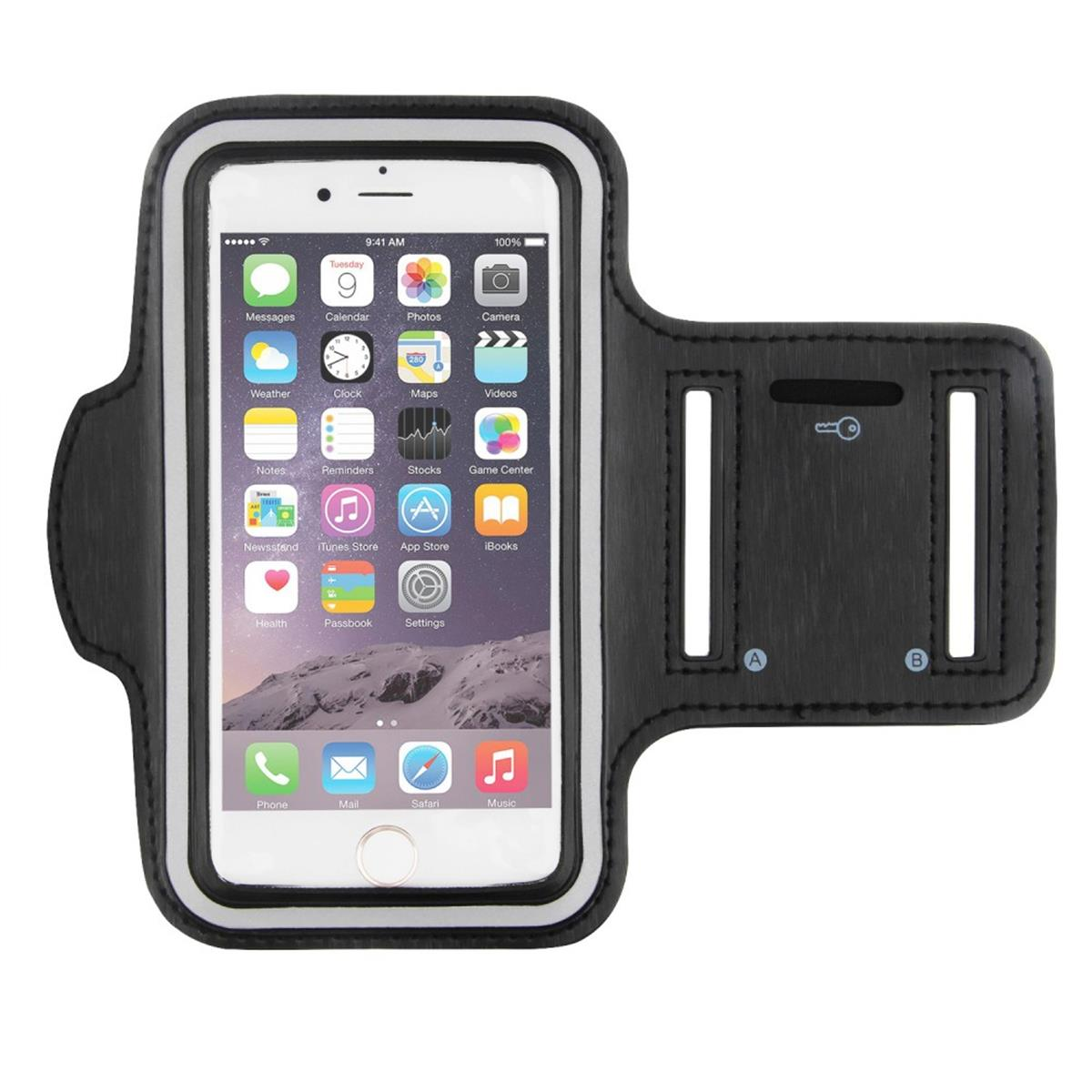 Ein Armband mit einem Smartphone darin. App-Symbole sind auf dem Bildschirm sichtbar.