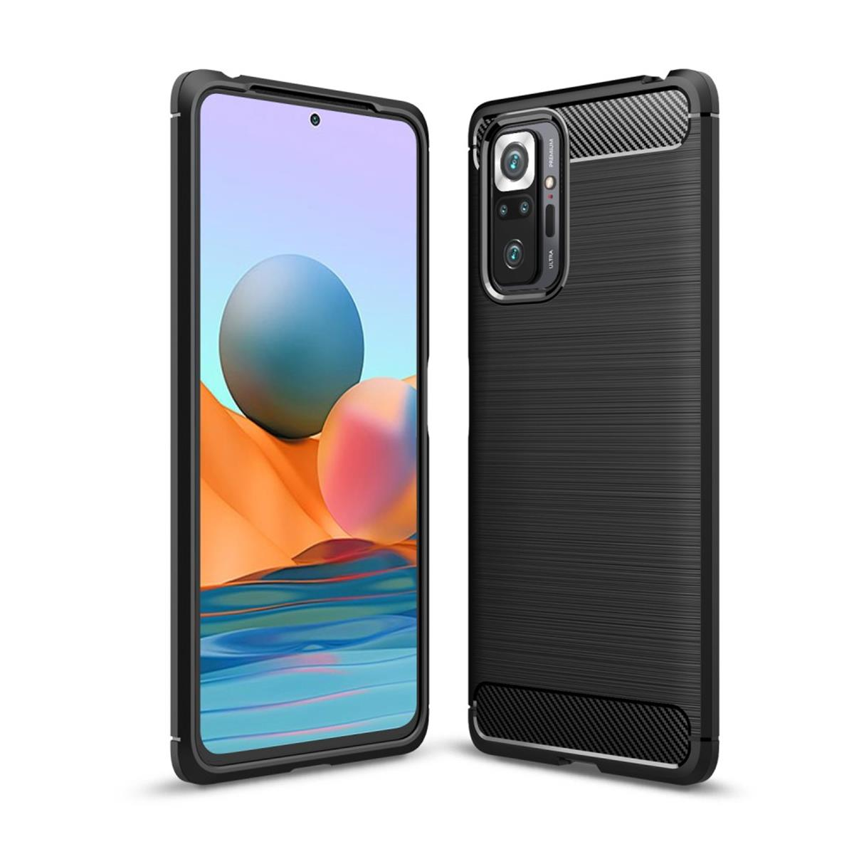 Ein schwarzes Telefon in einer Kohlefaserhülle, Telefon links, Hülle rechts.