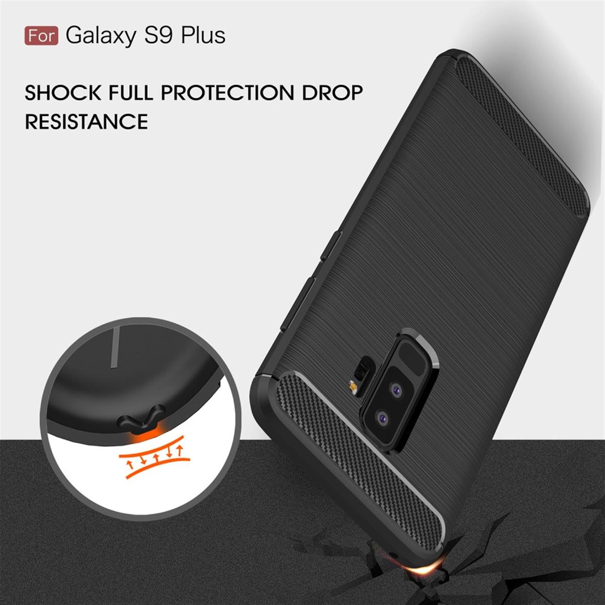 Schwarze Handyhülle für Galaxy S9 Plus. Die Hülle ist abgewinkelt, mit strukturierter Rückseite und Aufprallbereich.