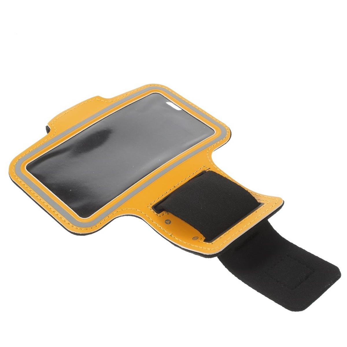Gelbes Armband mit Telefon, schwarzem Riemen, grauem reflektierendem Rand.