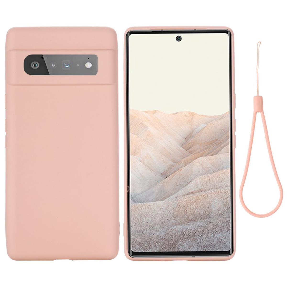 Hellrosa Handyhülle mit Telefon. Handgelenkschlaufe. Seitenansicht des Telefons.