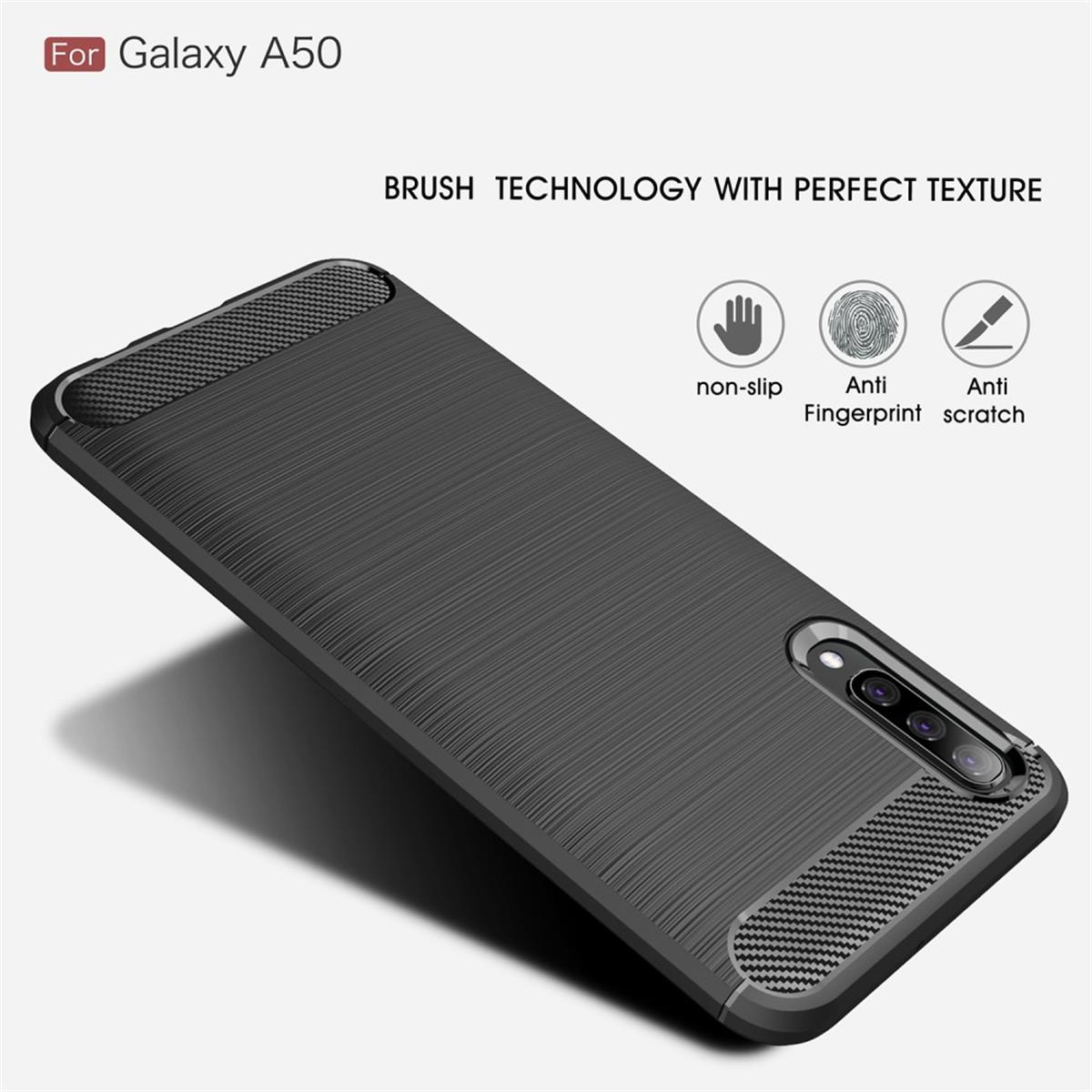 Schwarze Handyhülle für Galaxy A50. Hat Text: Rutschfest, Anti-Fingerabdruck, Anti-Kratzer.