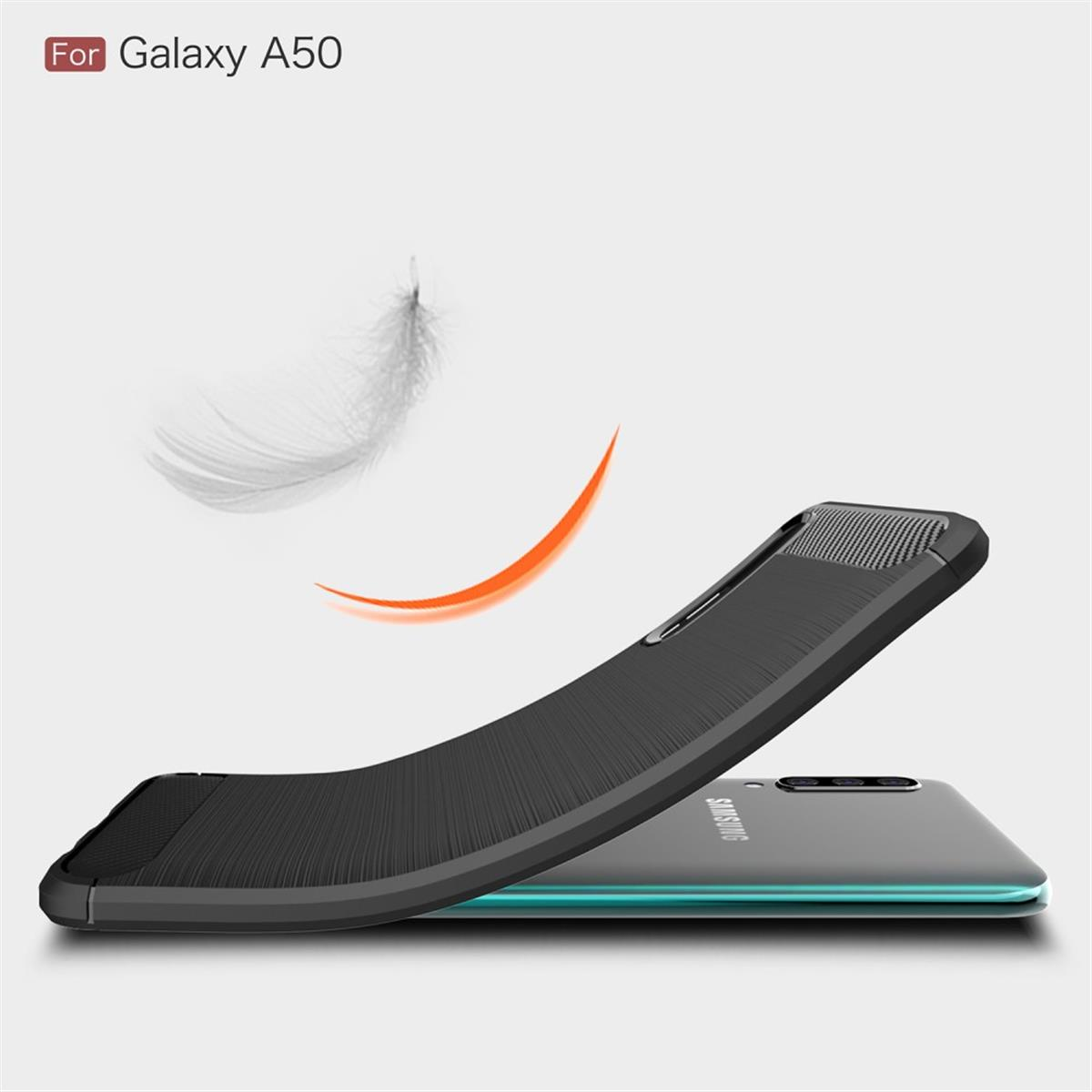 Schwarze Handyhülle über dem Telefon, mit Feder und orangefarbenem Bogen, für Galaxy A50.