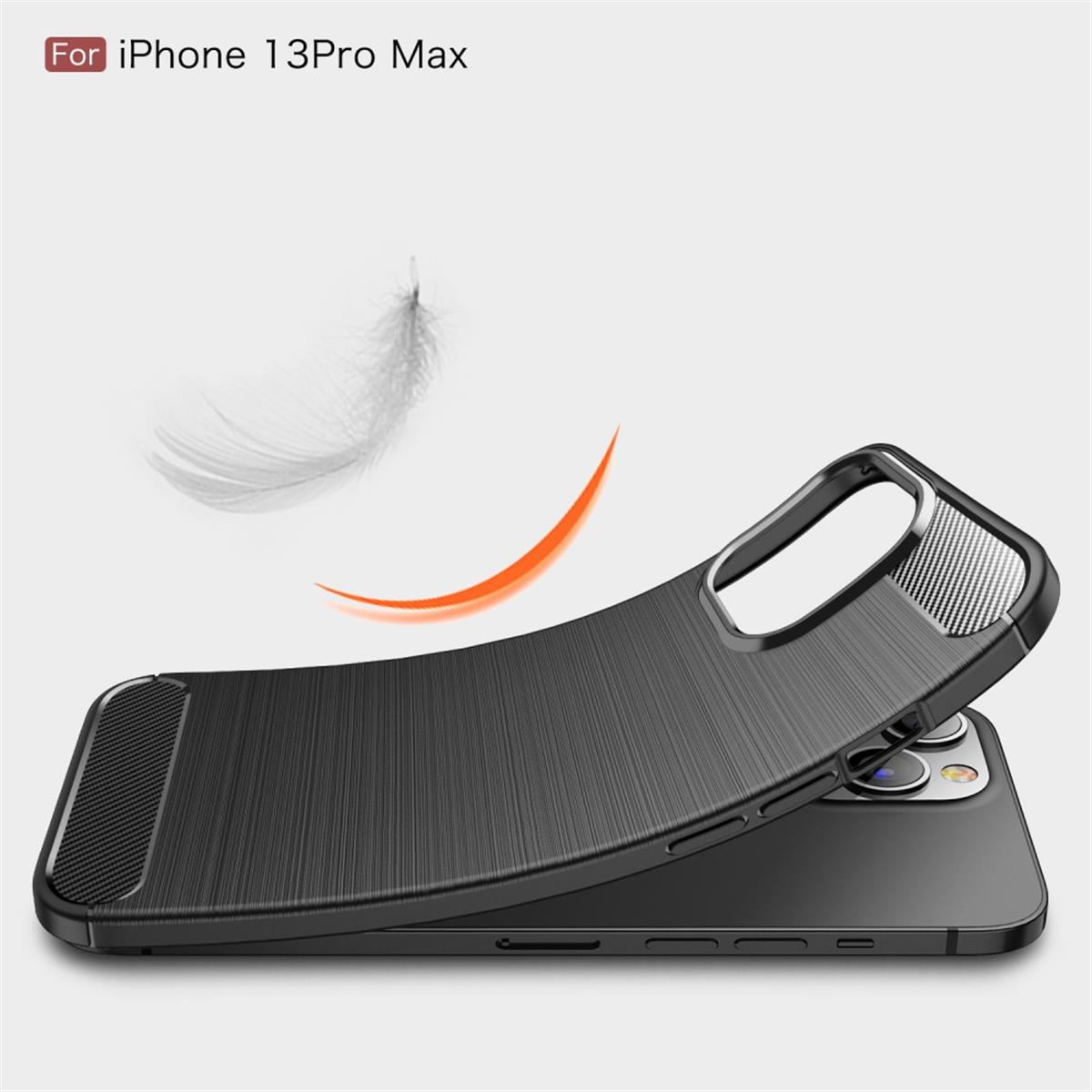 Schwarze Handyhülle, leicht geöffnet. Text: Für iPhone 13 Pro Max. Federartiger Hintergrund.