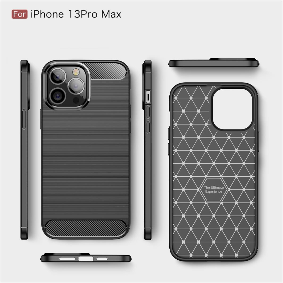 Schwarze iPhone-Hülle mit strukturierter Rückseite und schwarzen Gehäuserändern. Der Text 'Für iPhone 13Pro Max'.