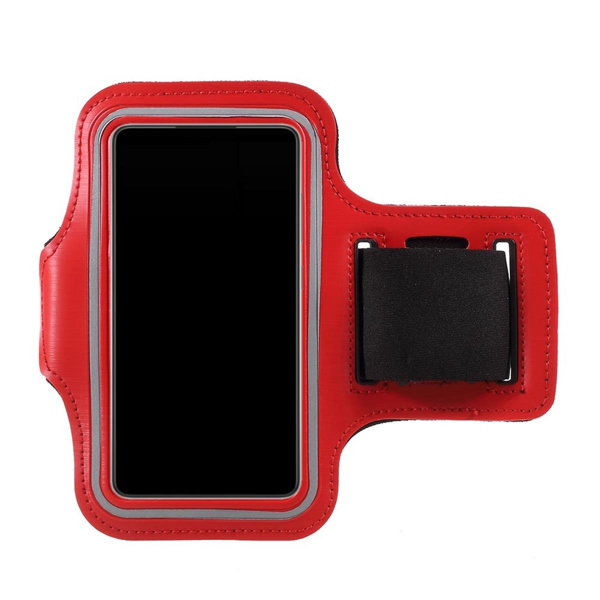 Rotes Telefon-Armband mit schwarzem Telefon. Es hat einen schwarzen Riemen und eine graue Kontur.