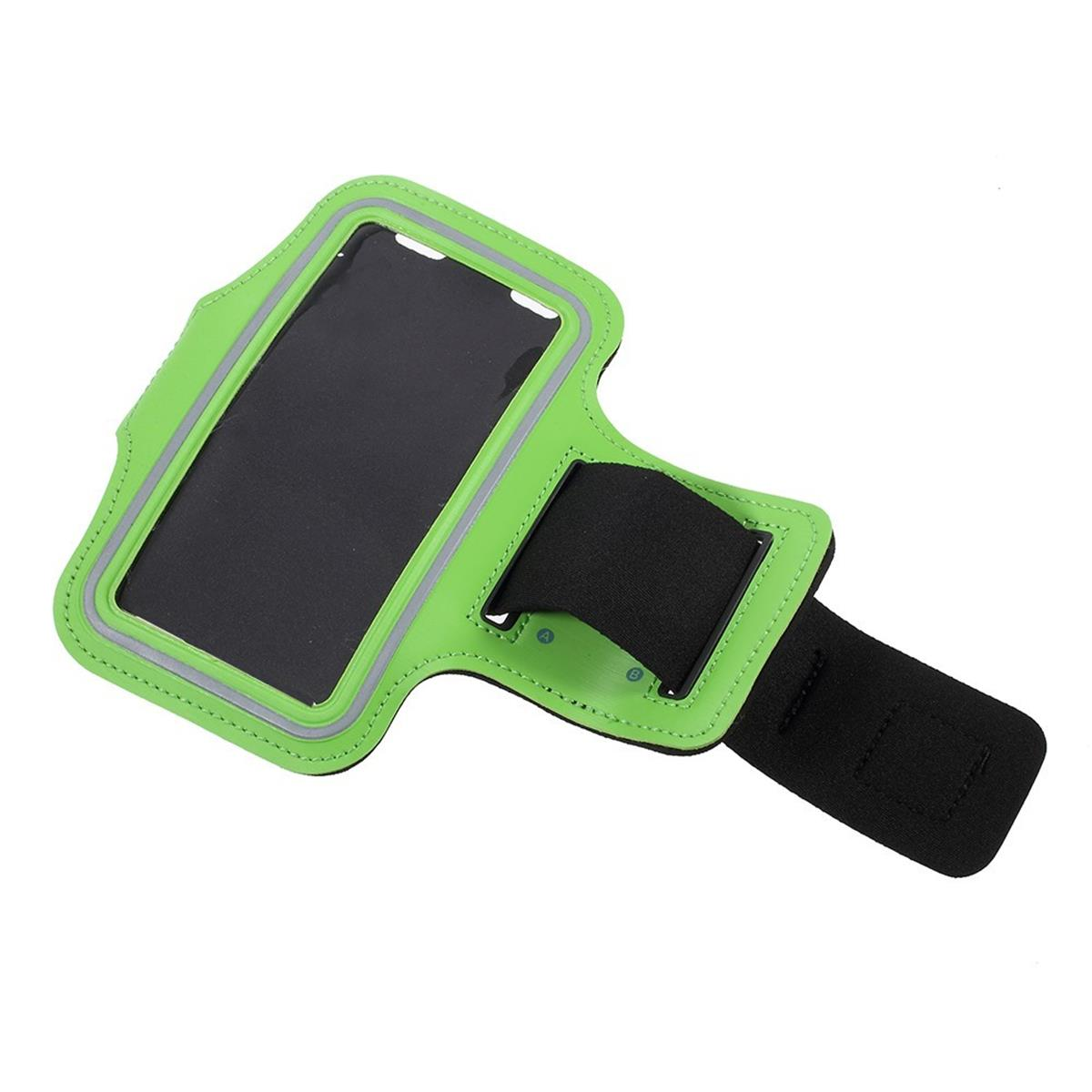 Grünes Armband für ein Telefon, mit sichtbarem schwarzem Bildschirm.