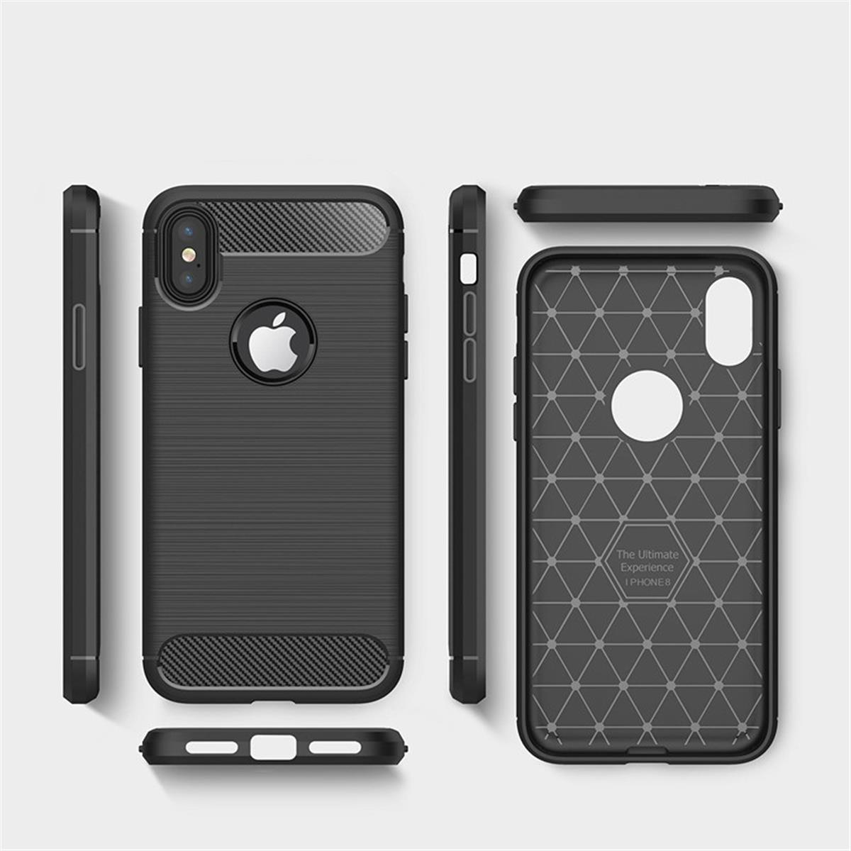 Schwarze Handyhüllen in verschiedenen Ansichten auf weißem Untergrund. Zeigt verschiedene Winkel und das Apple-Logo.