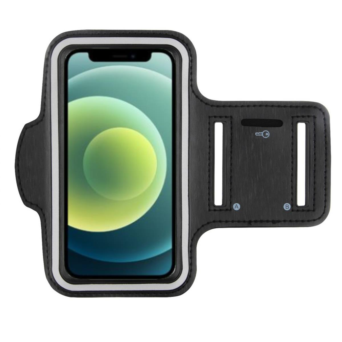 Schwarzes Armband mit Telefon, Telefonbildschirm zeigt grünen Hintergrund, weißer Rahmen.
