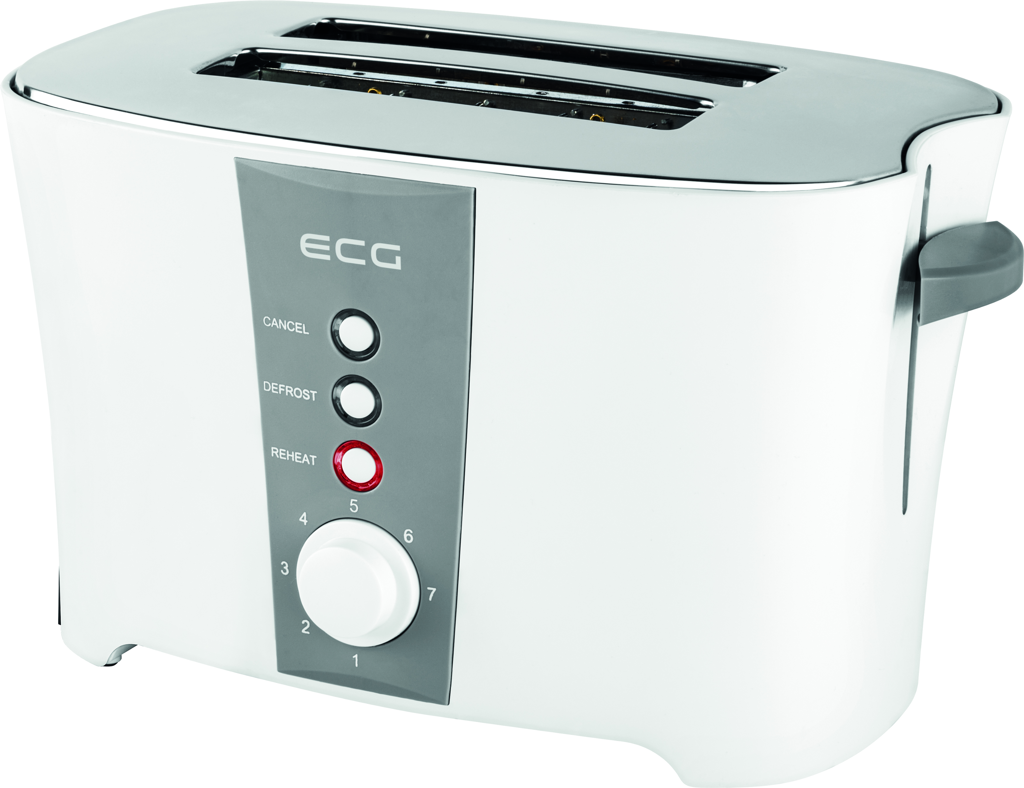 Ein weißer Toaster mit Tasten für Abbrechen, Auftauen und Aufwärmen. Es gibt einen Drehregler für Röststufen.