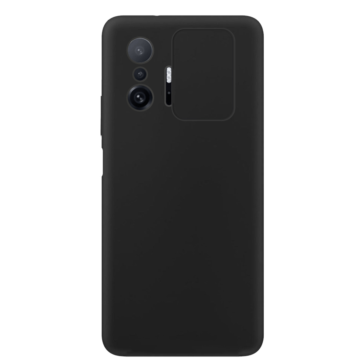 Schwarze Handyhülle mit einem Telefon darin. Die Rückseite hat einen Kameraausschnitt. Weißer Hintergrund.