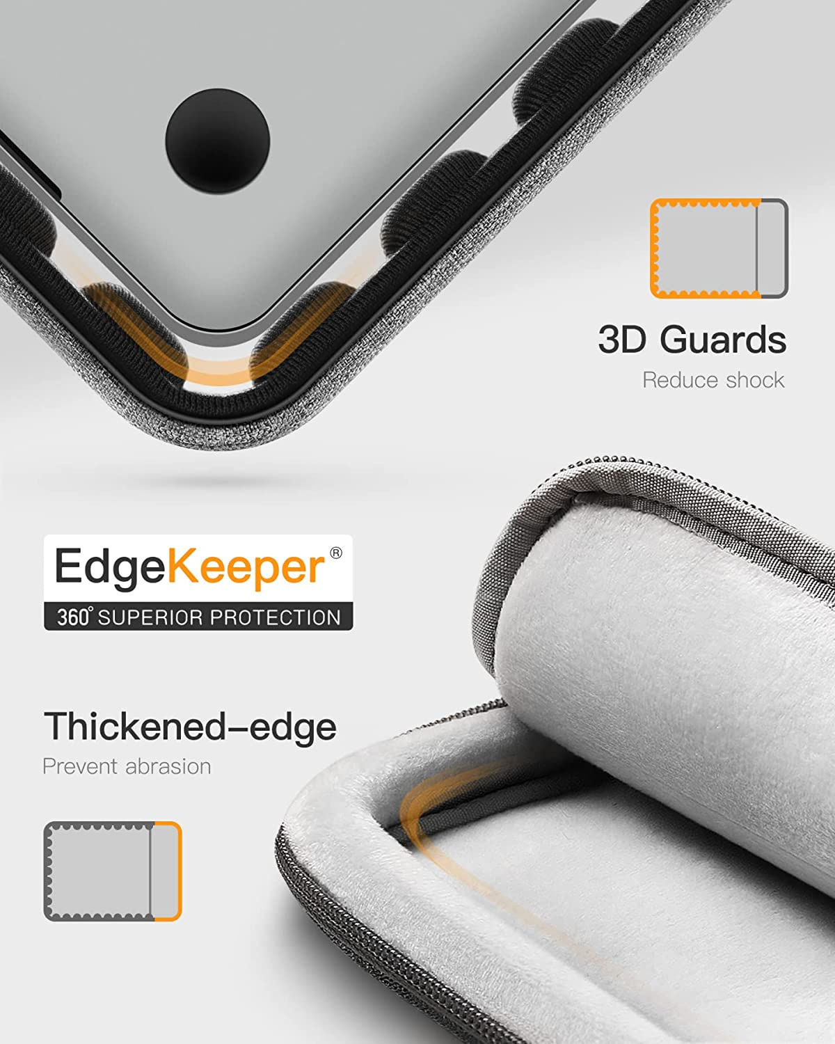 Laptoptasche mit Schutzeigenschaften. Textbeschriftungen: EdgeKeeper, 3D Guards und Thickened-edge.