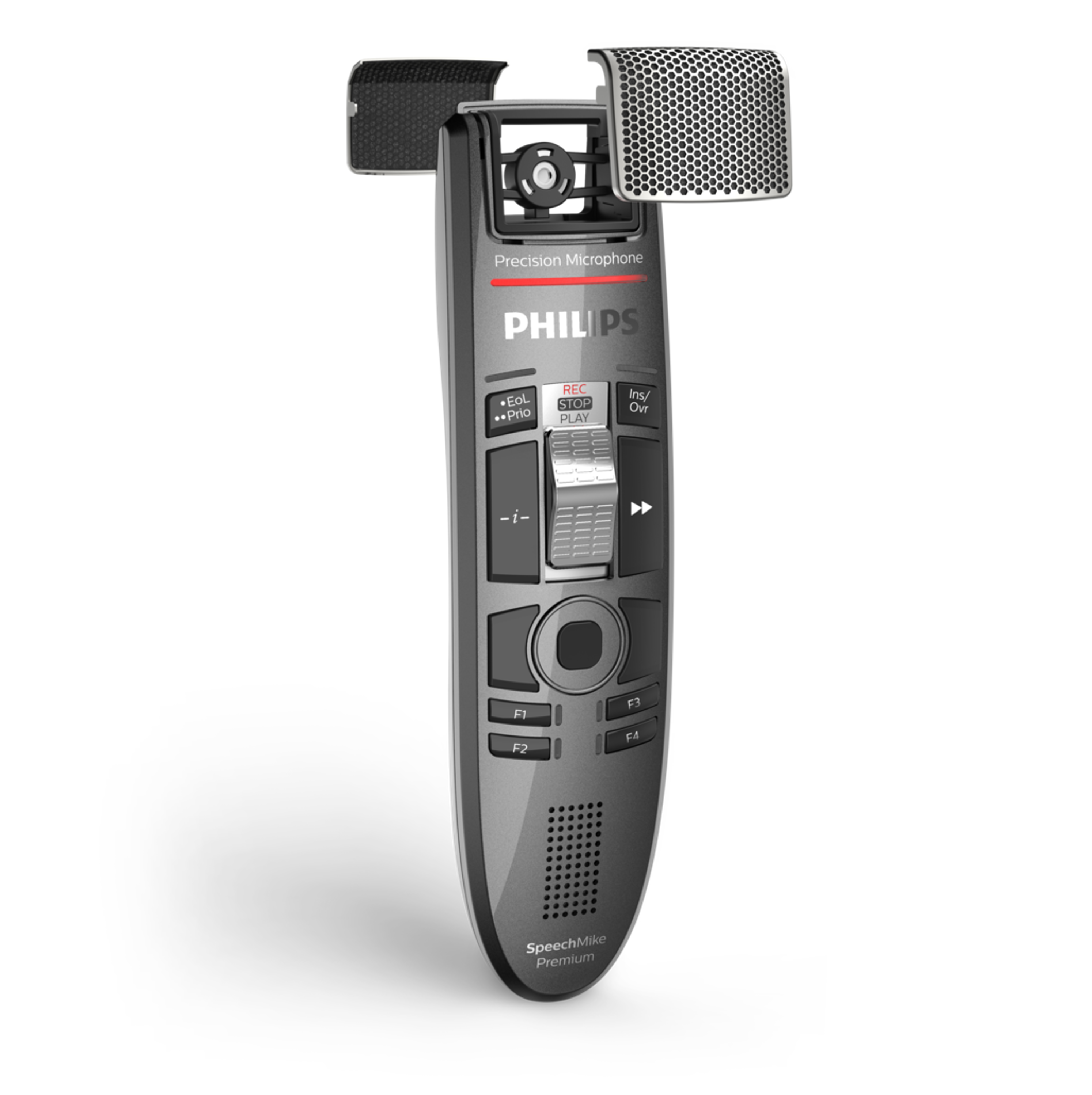 Microphone Philips SpeechMike Premium noir et gris. Microphone de précision avec boutons et curseurs.