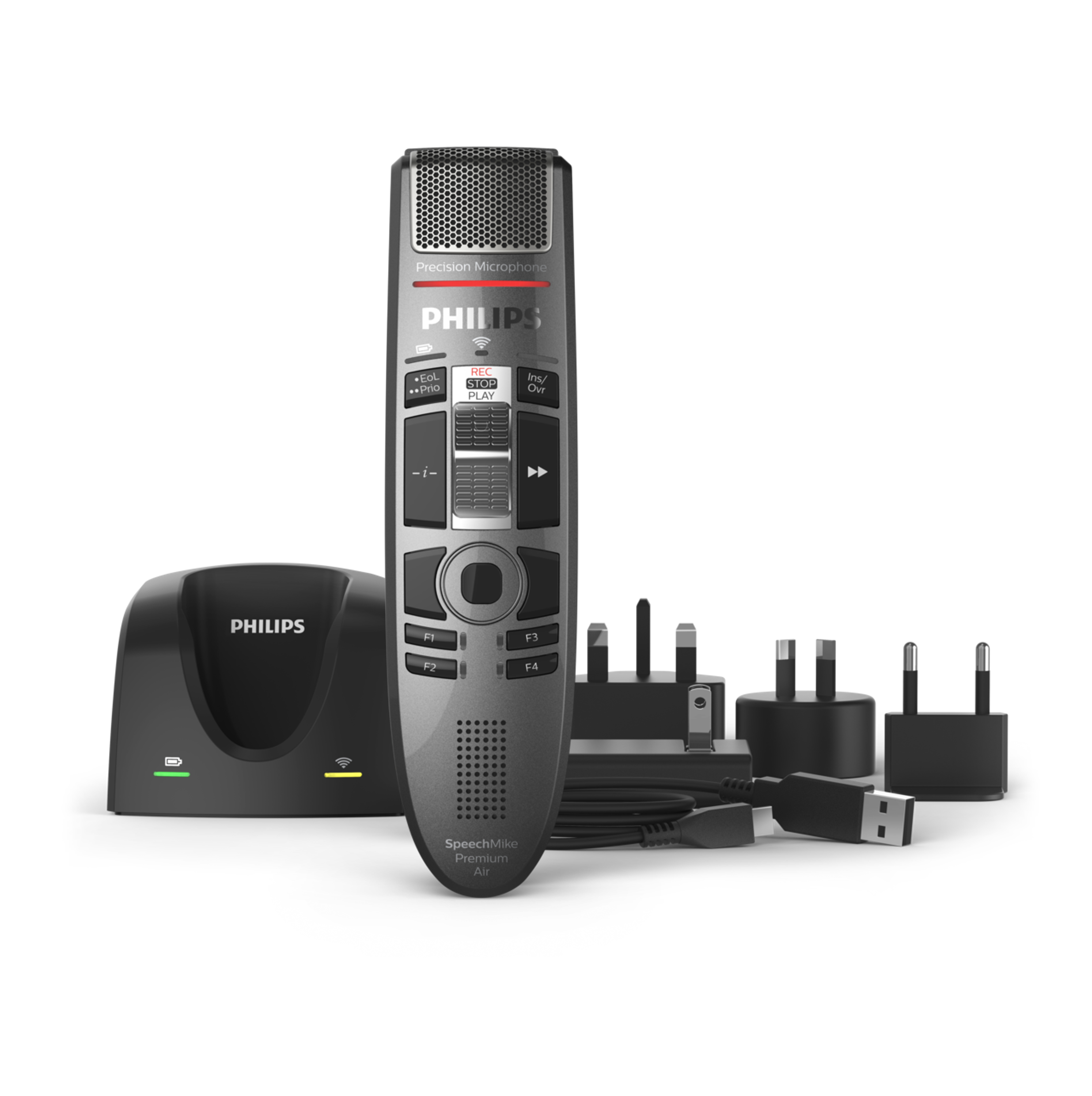 Philips Diktiergerät mit Zubehör, einschließlich Ladestation, Steckern und USB-Kabel.