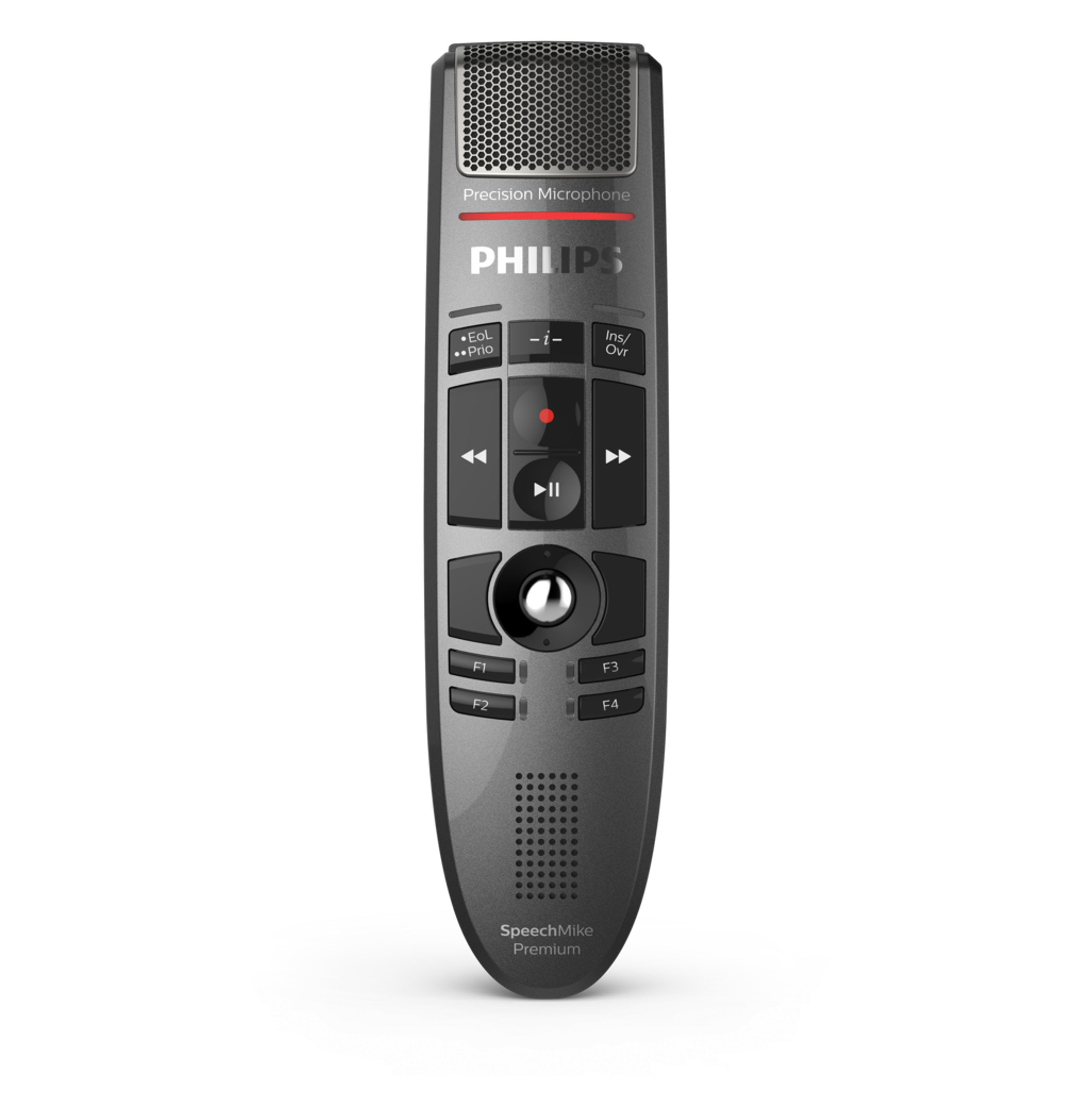 Philips SpeechMike Premium nero e grigio. Pulsanti e dettagli del microfono.