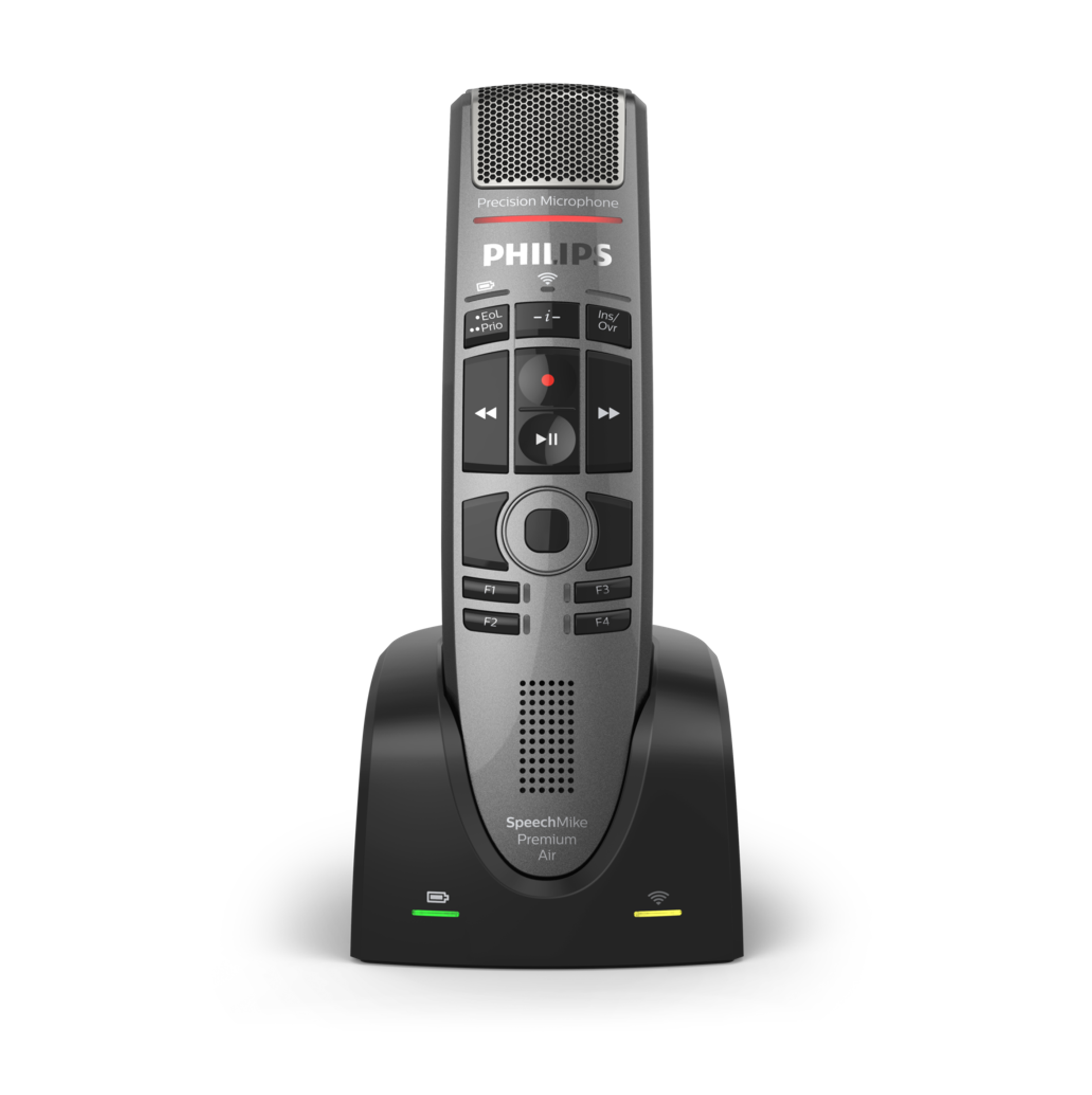 Ein schwarzes und graues Philips SpeechMike-Mikrofon auf einem schwarzen Sockel. Das Mikrofon steht aufrecht.