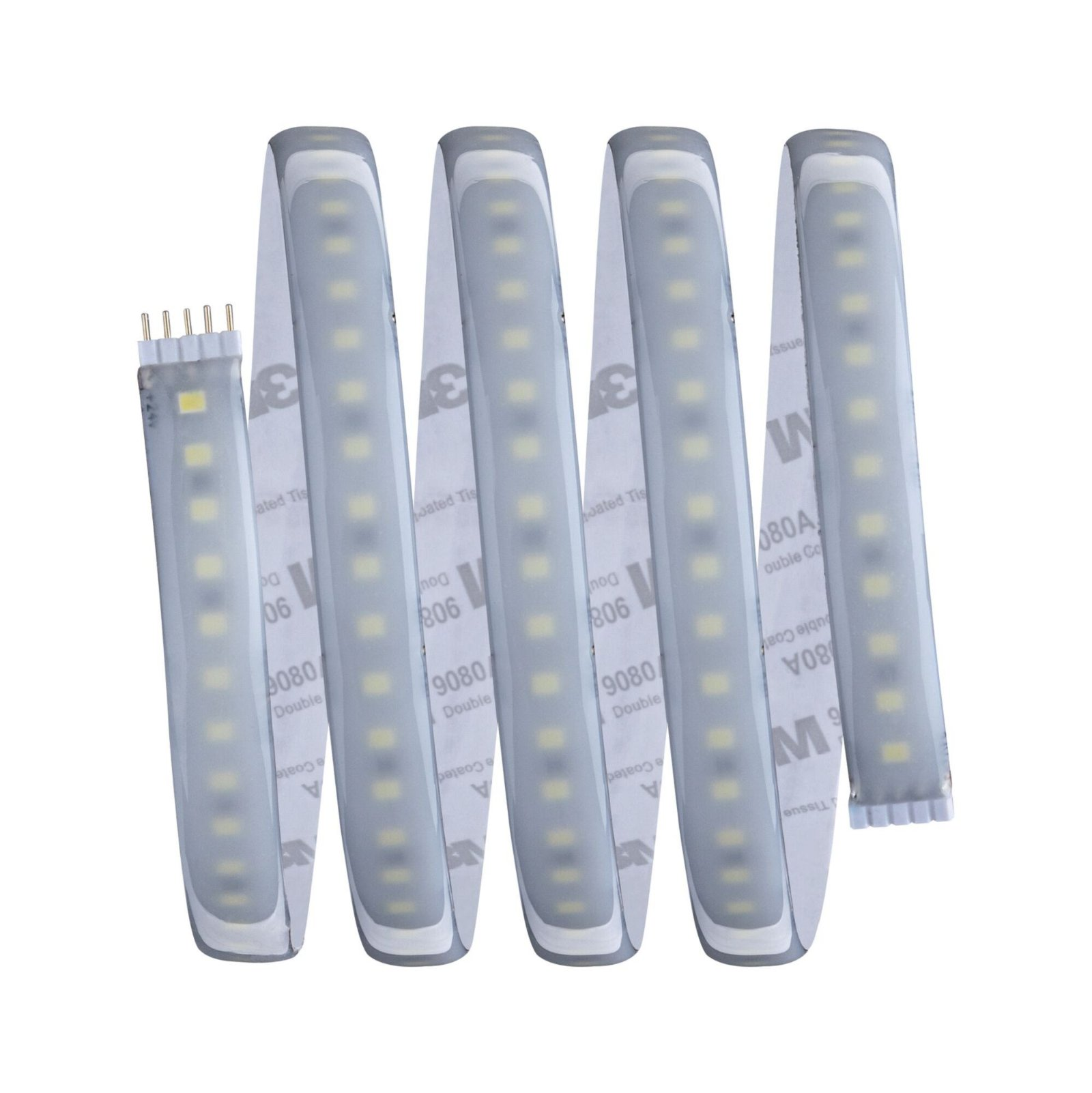 Flexibler LED-Lichtstreifen mit weißen LEDs und weißer Kleberückseite. Weißer Hintergrund.