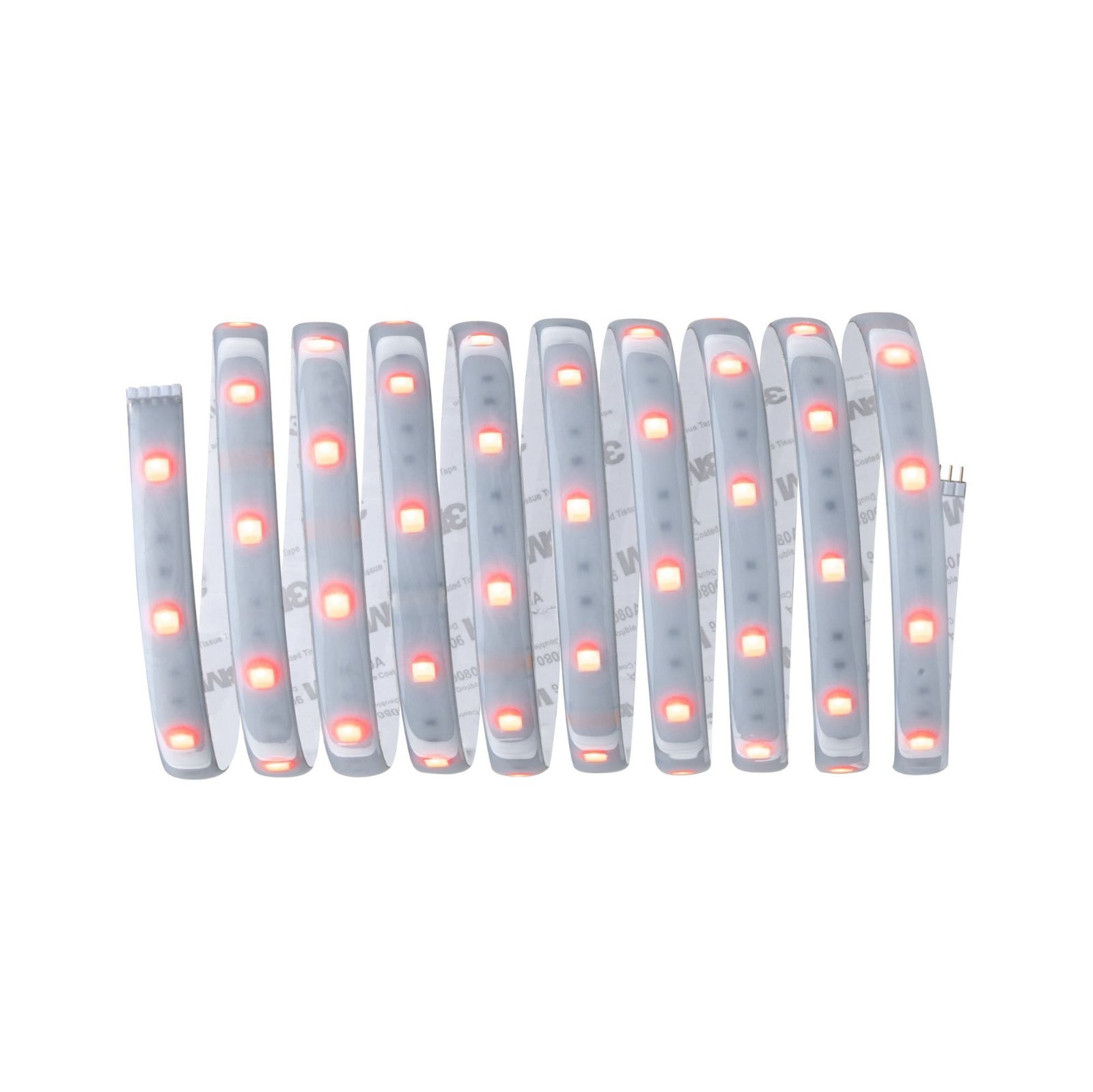 Ein flexibles LED-Band mit roten Lichtern, aufgerollt und einsatzbereit, weißer Hintergrund.