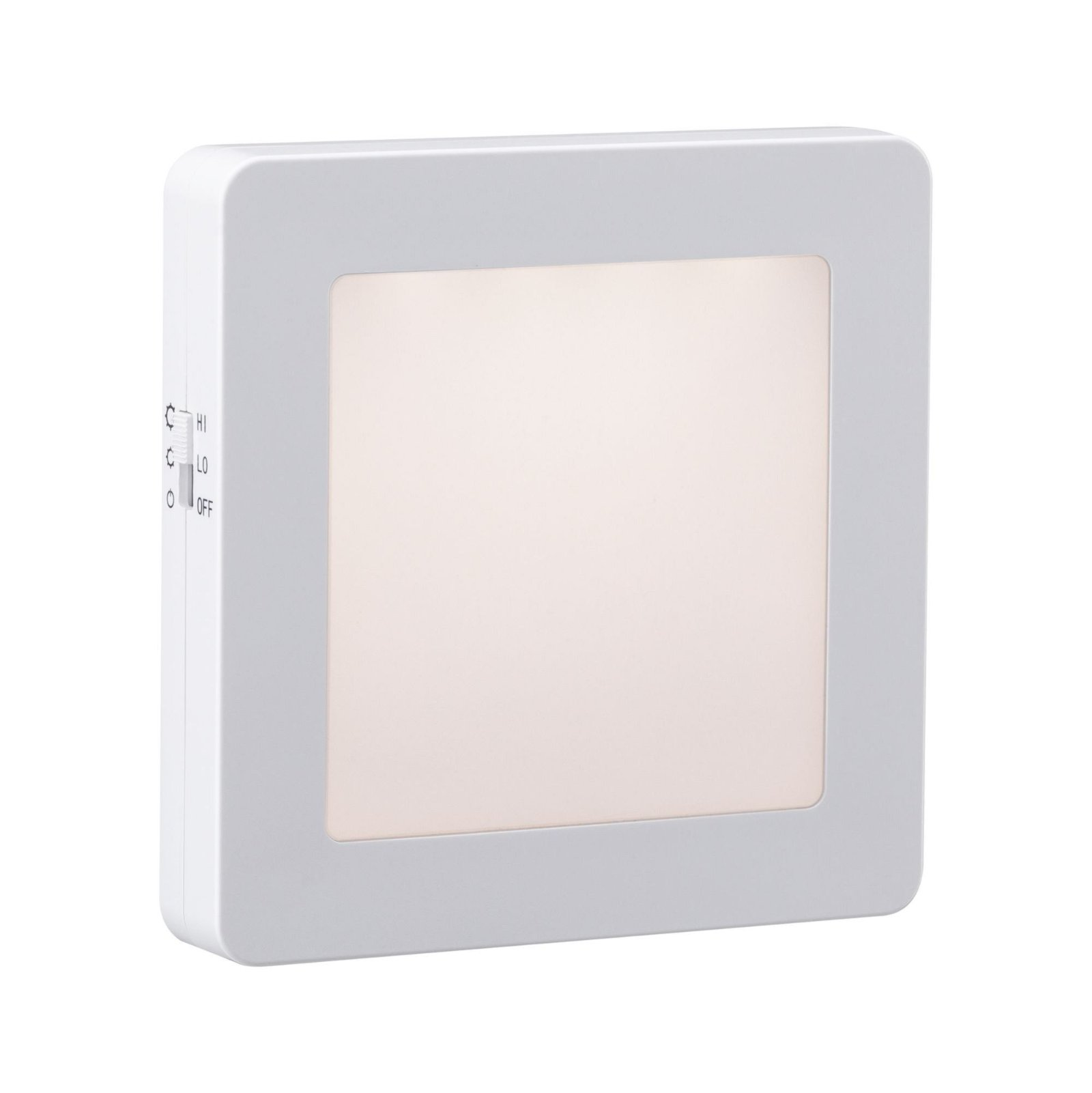 Weißer quadratischer Lichtkörper. Das Licht ist an. Es gibt einen Schalter an der Seite.