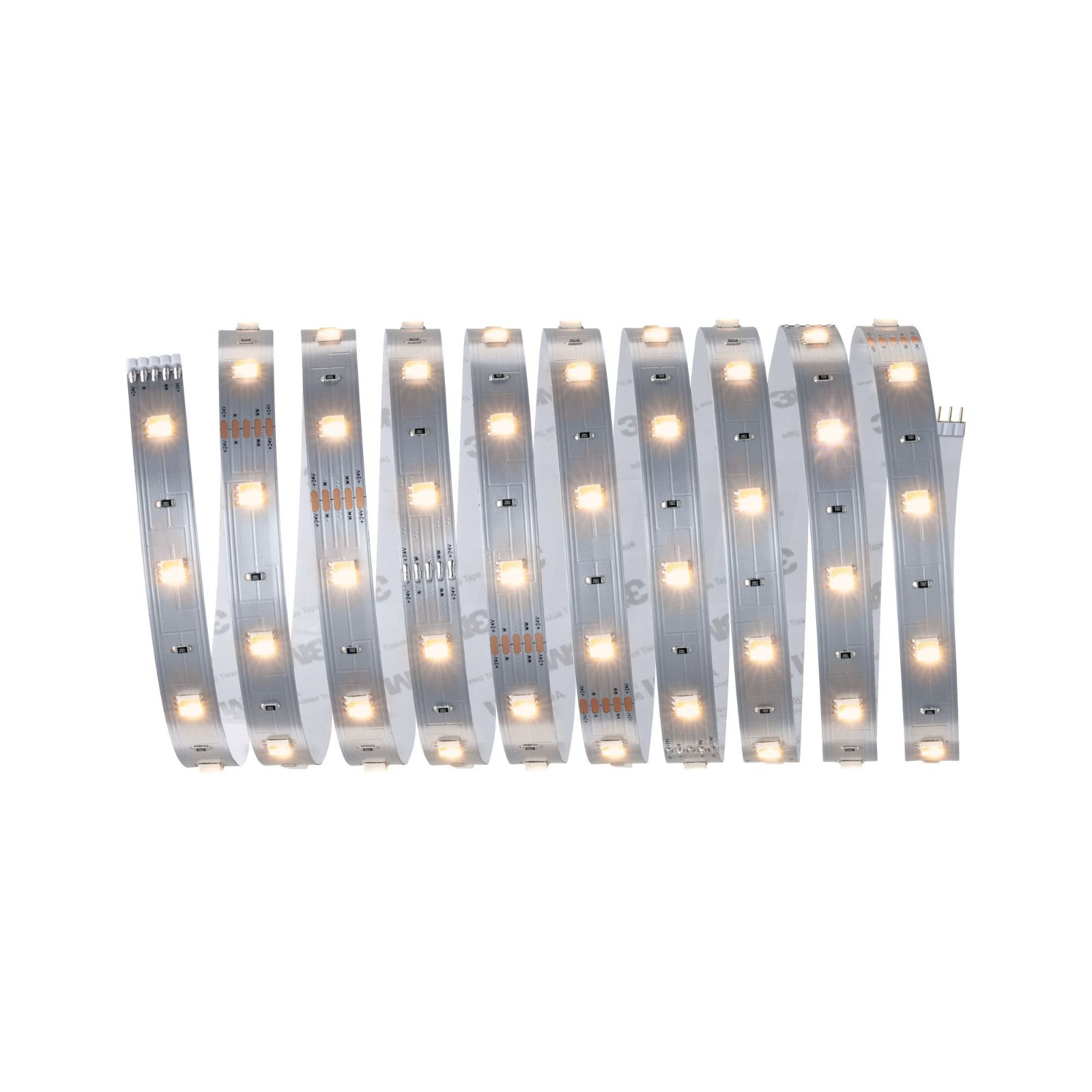 Ein Streifen LED-Leuchten mit weißem Klebeband, der mehrere einzelne Leuchten zeigt.