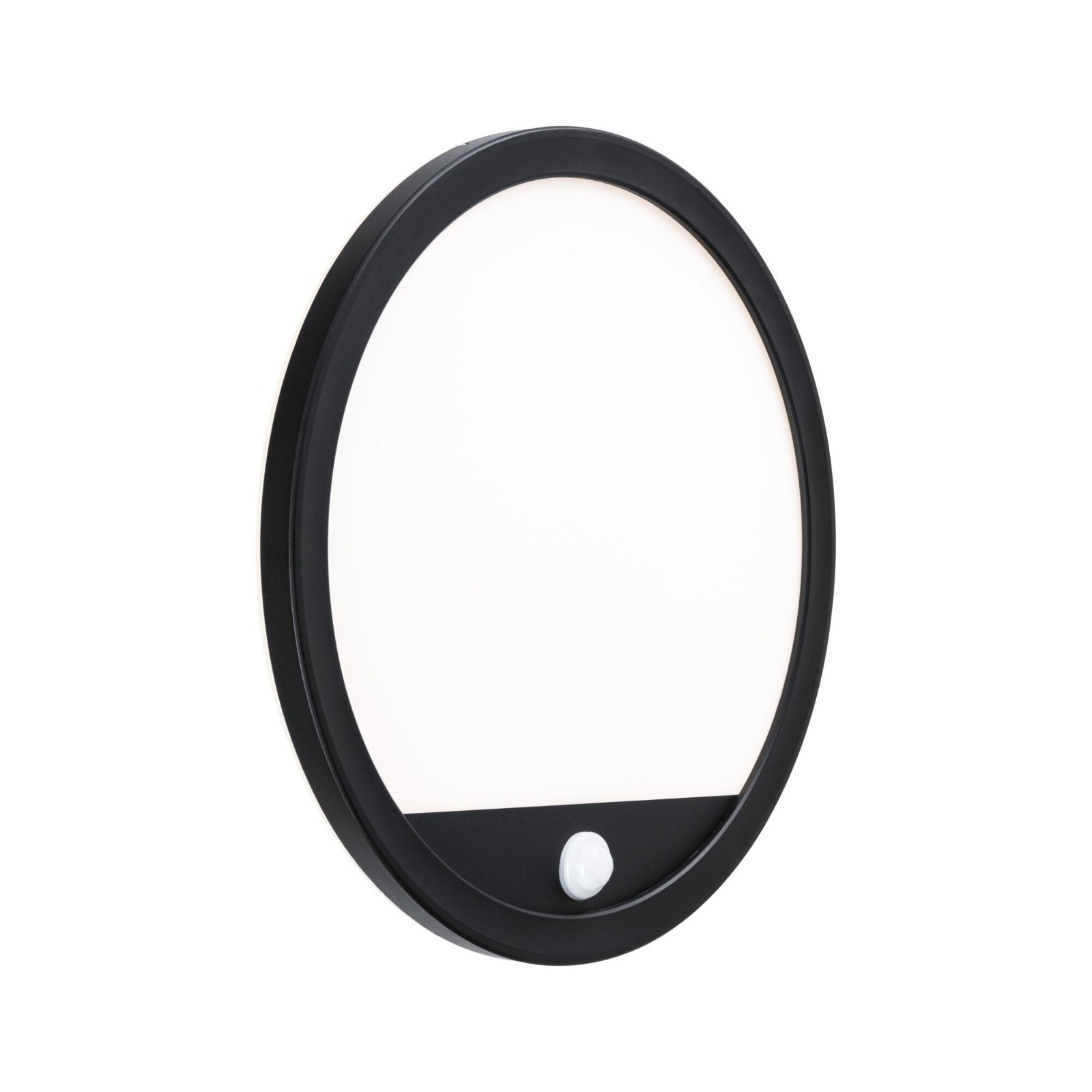 Okrągła, czarna oprawa oświetleniowa LED z białym światłem wewnętrznym i czujnikiem ruchu.