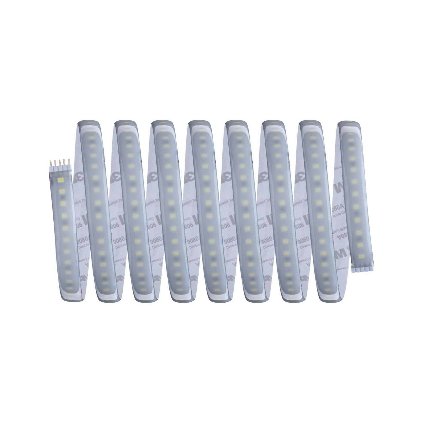 Une guirlande enroulée de lumières LED blanches sur un fond blanc.