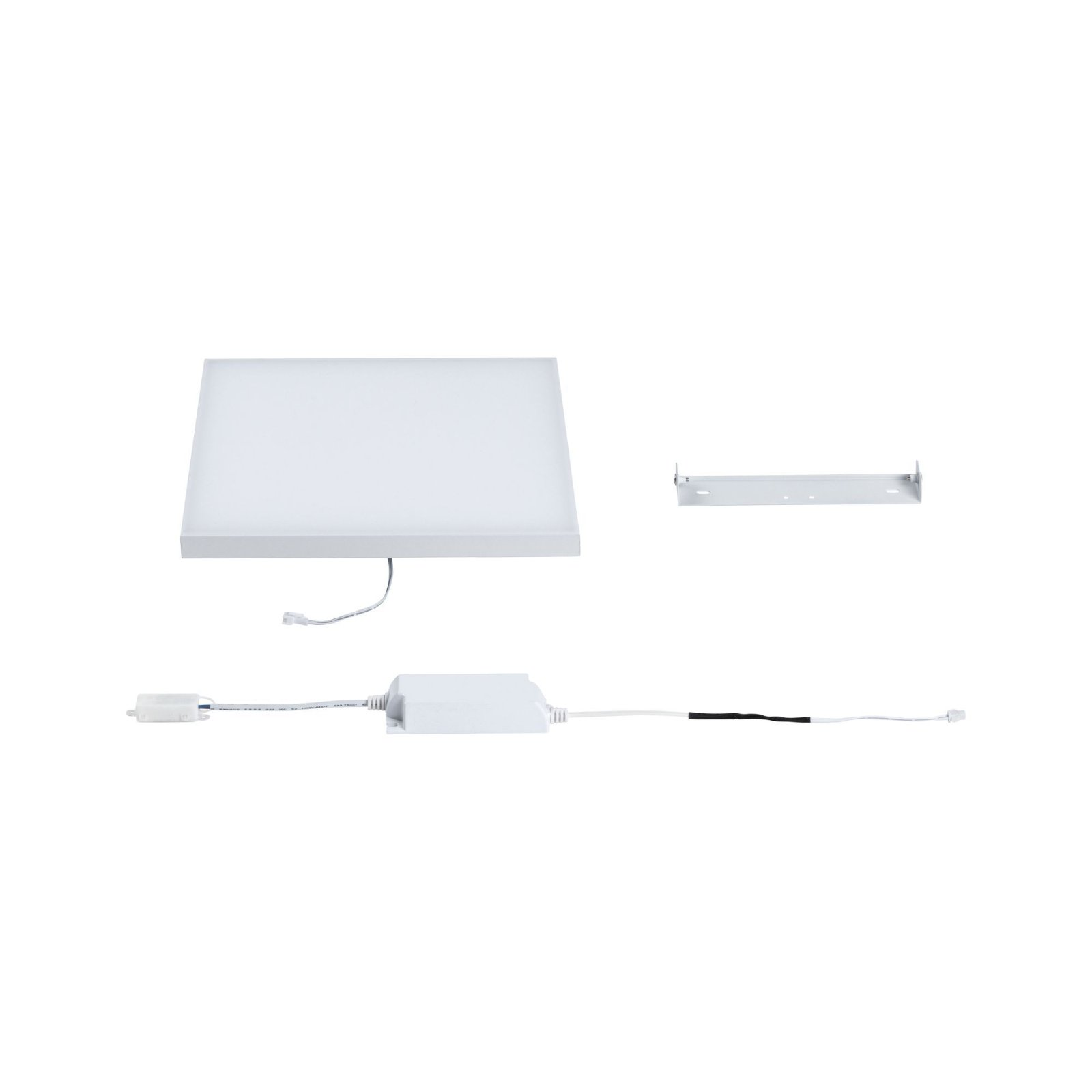 Biały panel LED z zasilaczem i uchwytem. Na białym tle.