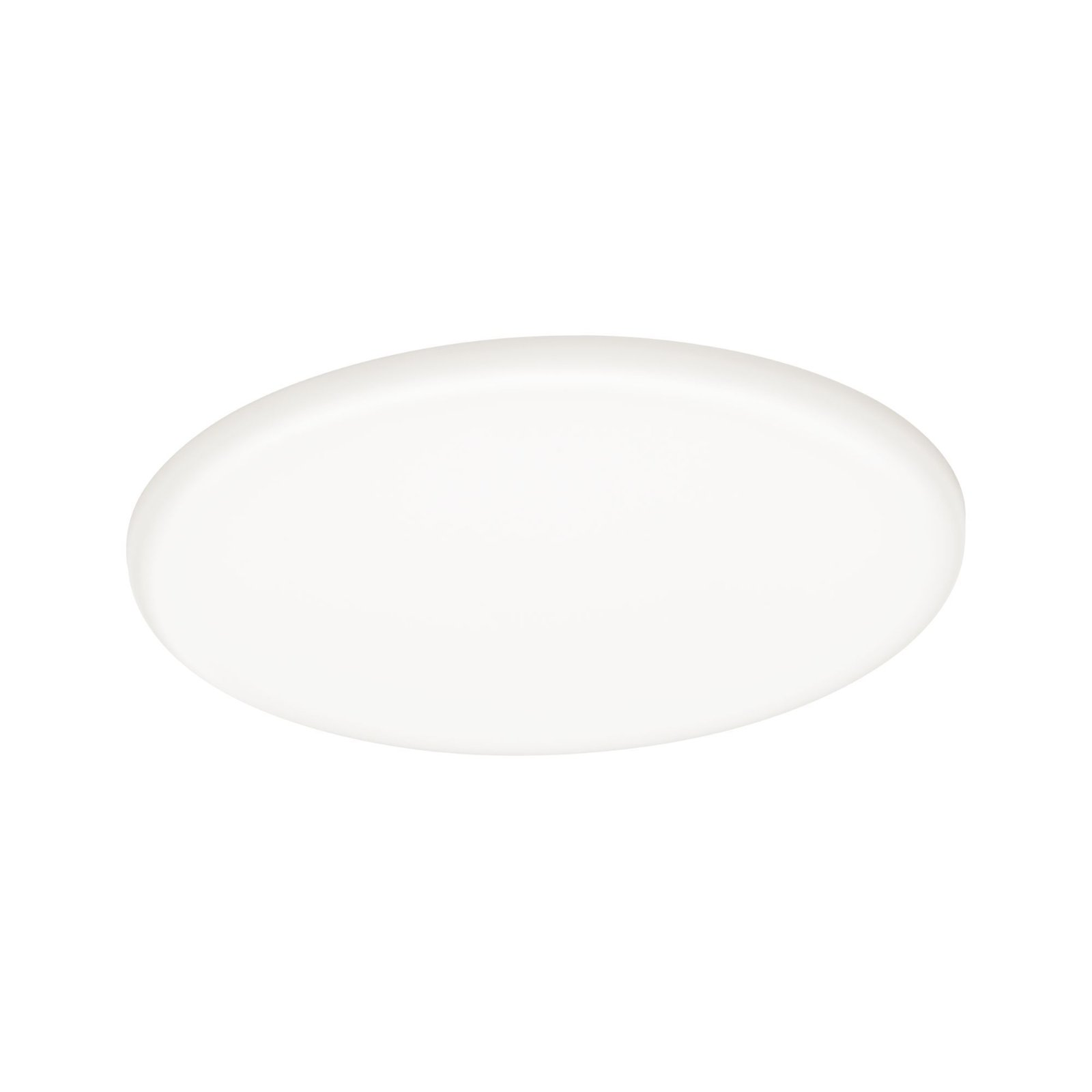 Plafoniera ovale bianca, illuminata centralmente, su sfondo bianco.