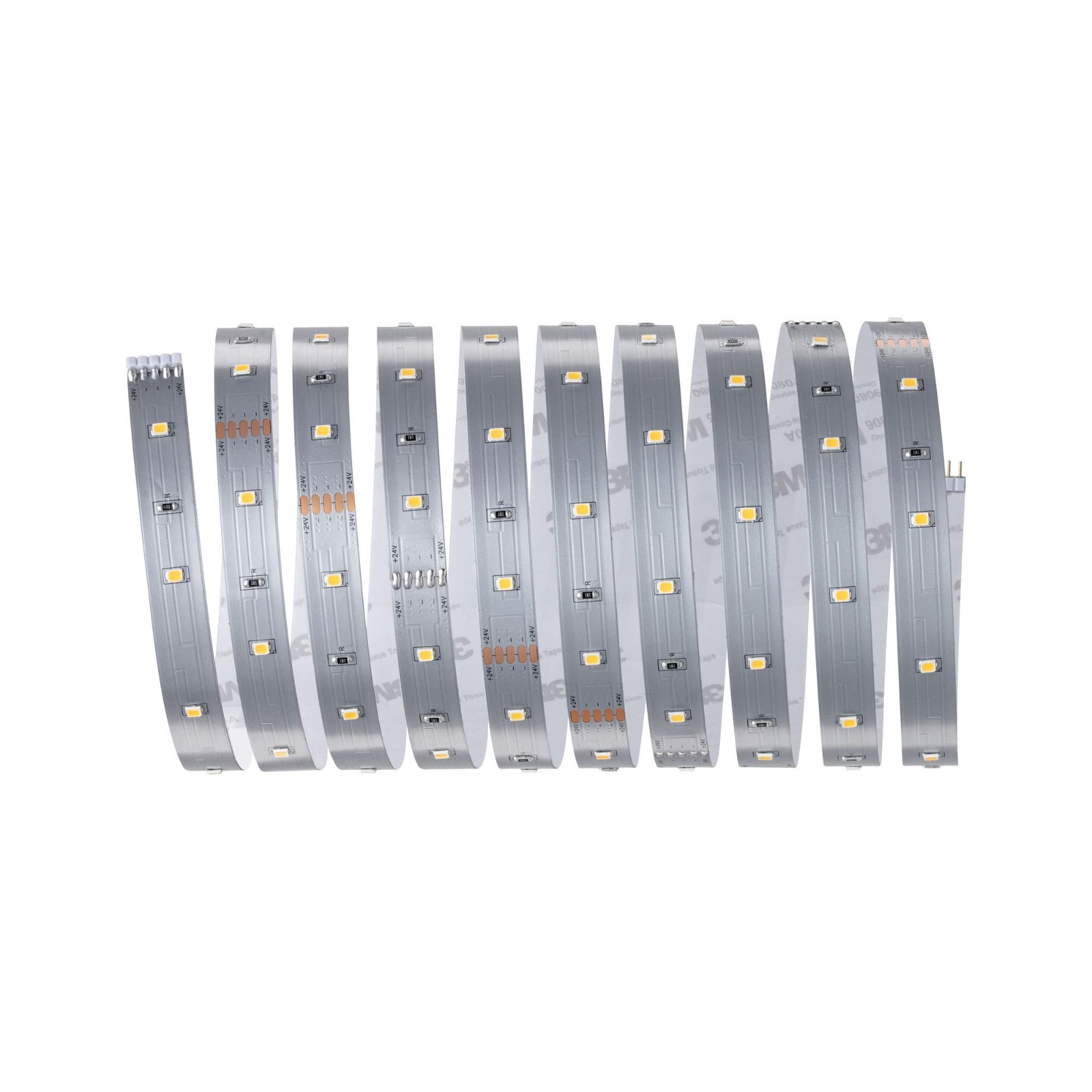 Aufgerollte LED-Streifen mit weißen und gelben Lichtern.
