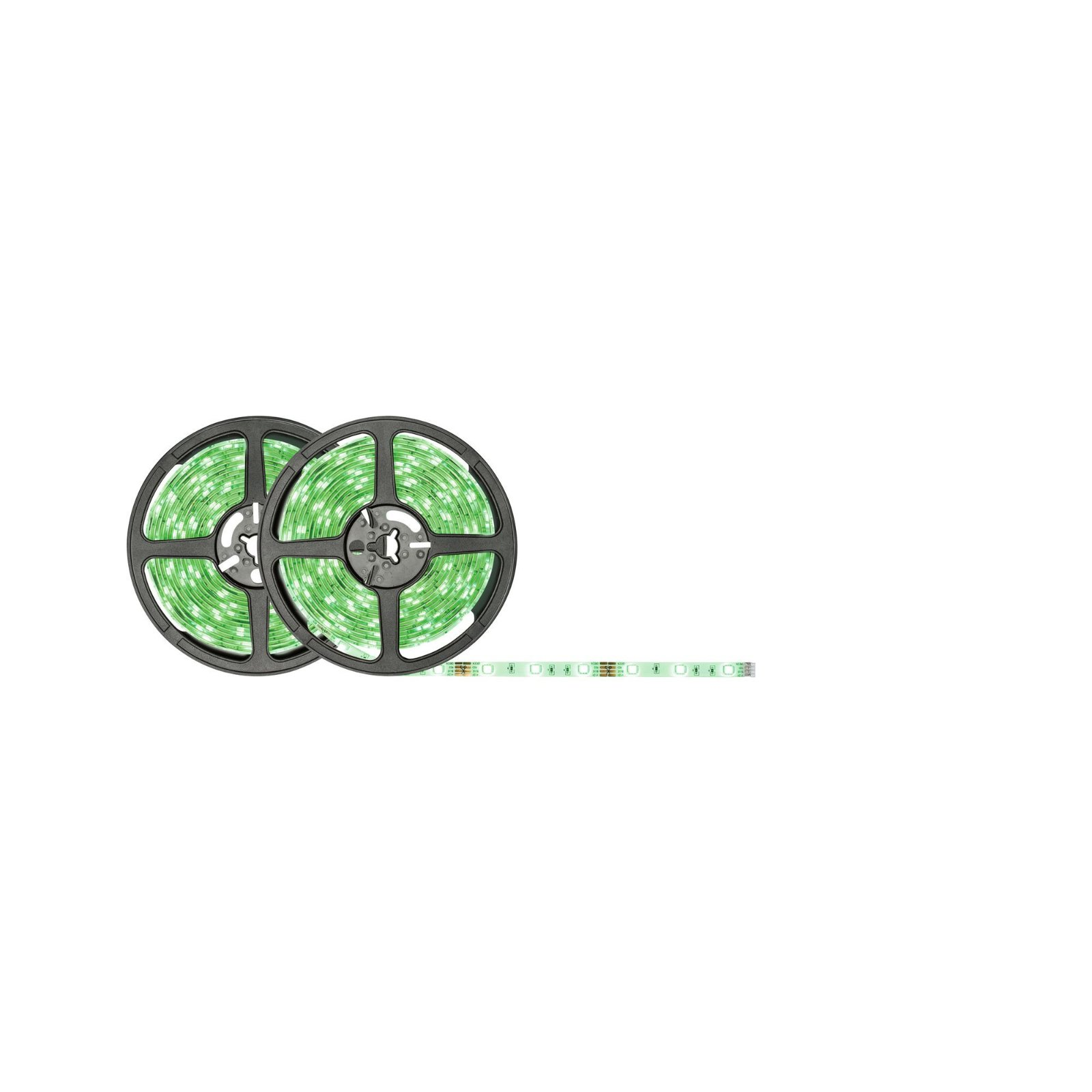 Dwie szpule zielonych pasków LED, z małym odcinkiem paska rozciągniętym w prawo.